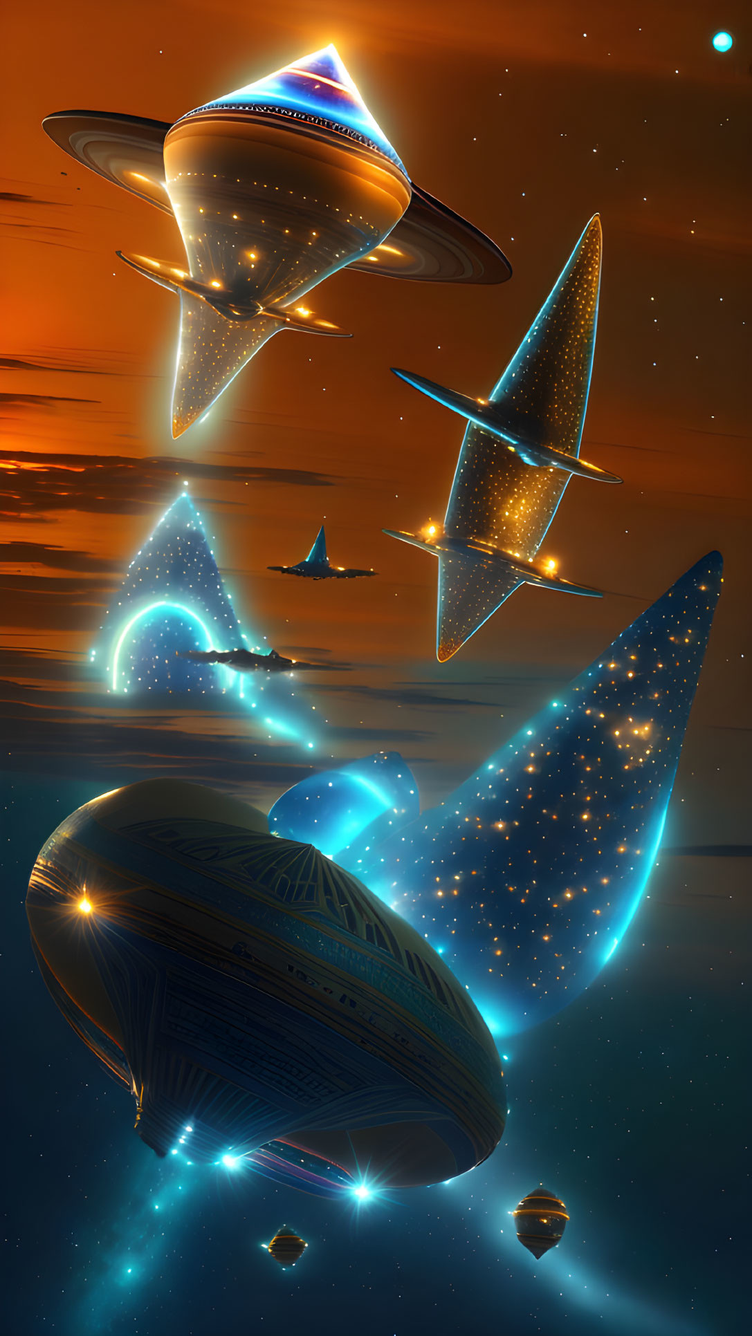 Glowing futuristic spacecrafts on orange surface with cosmic backdrop