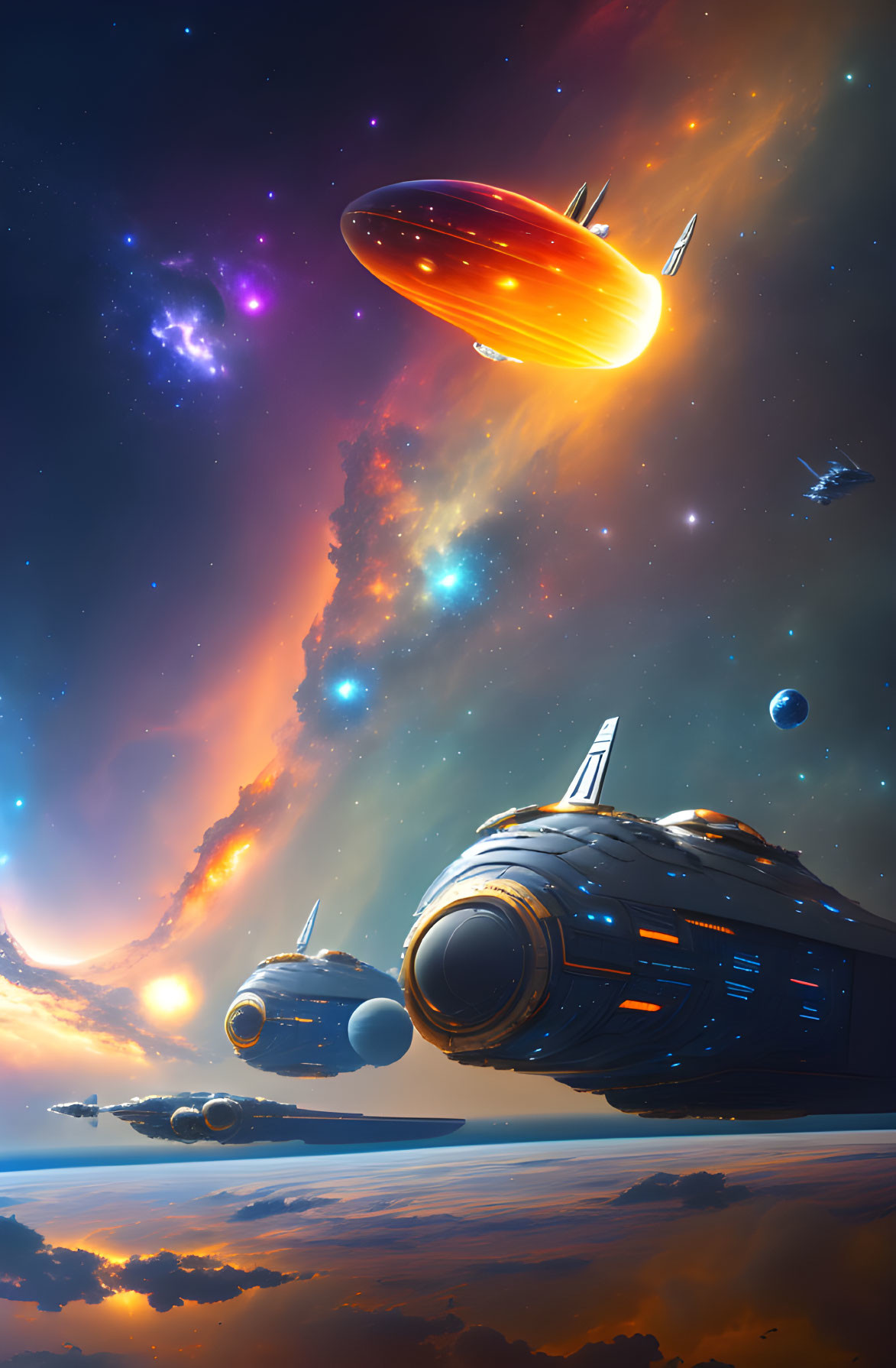 Colorful sci-fi scene: Spaceships in cosmic backdrop