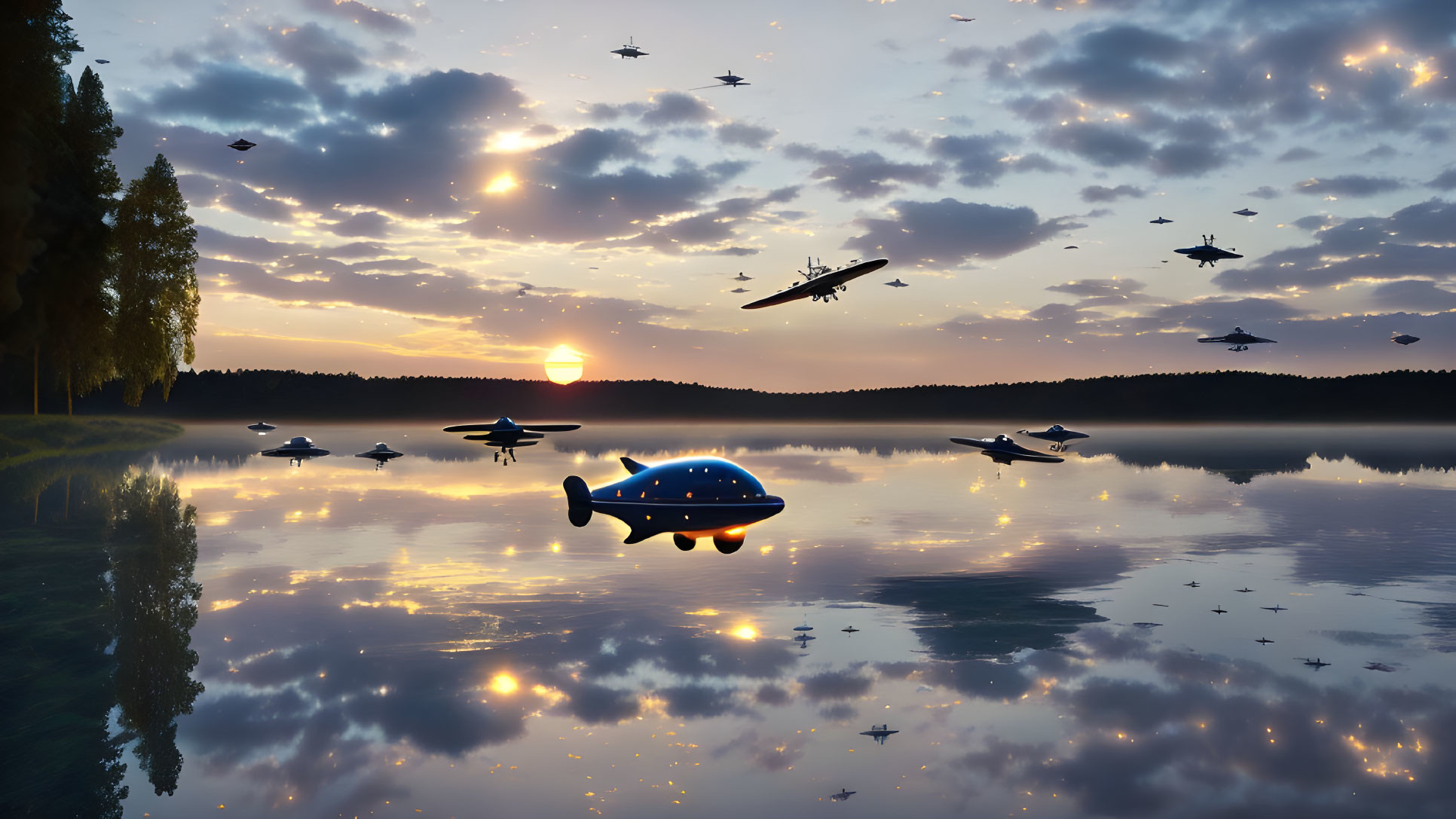 Futuristic flying vehicles over tranquil lake at sunset