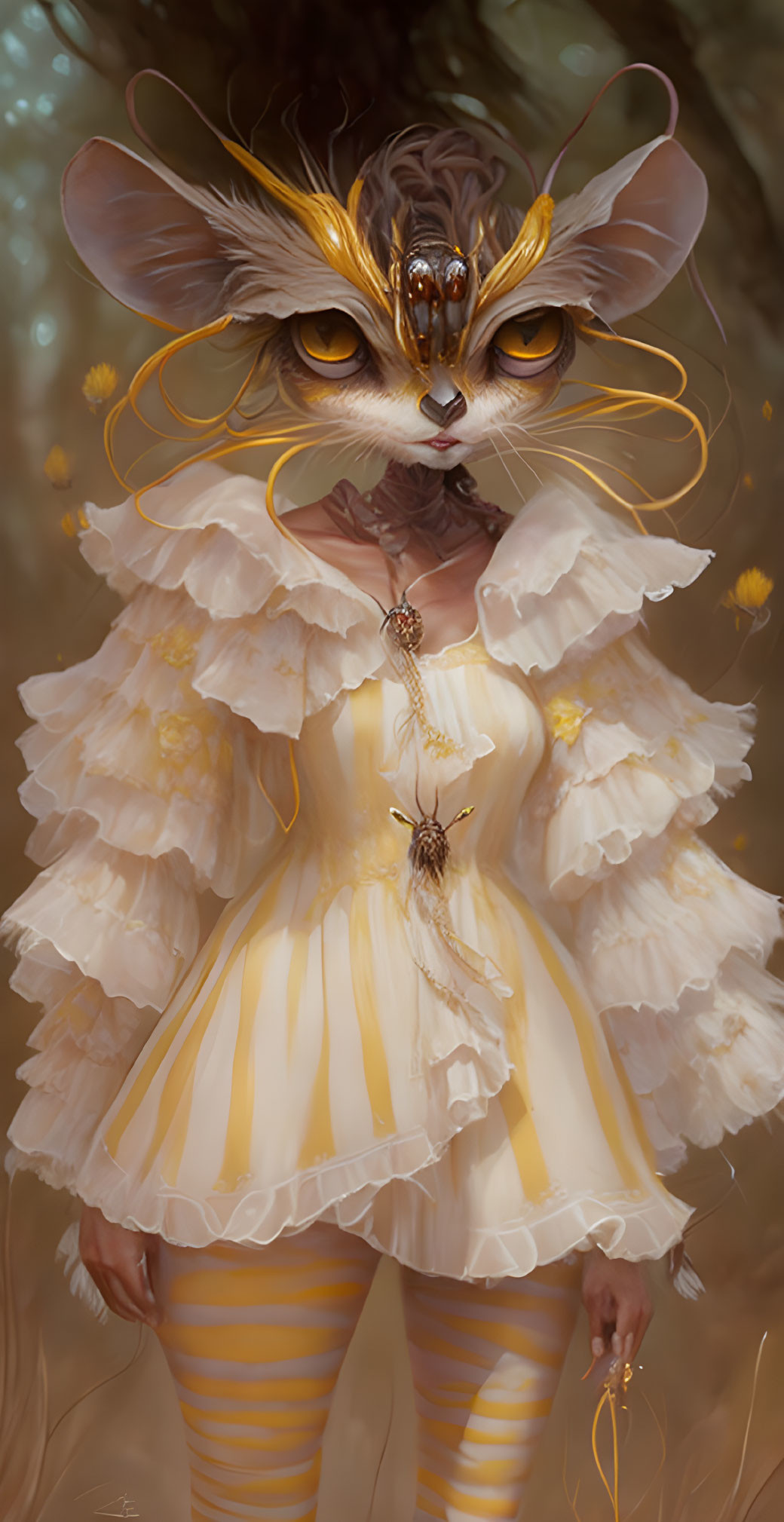 Regal anthropomorphic mouse in white and yellow dress