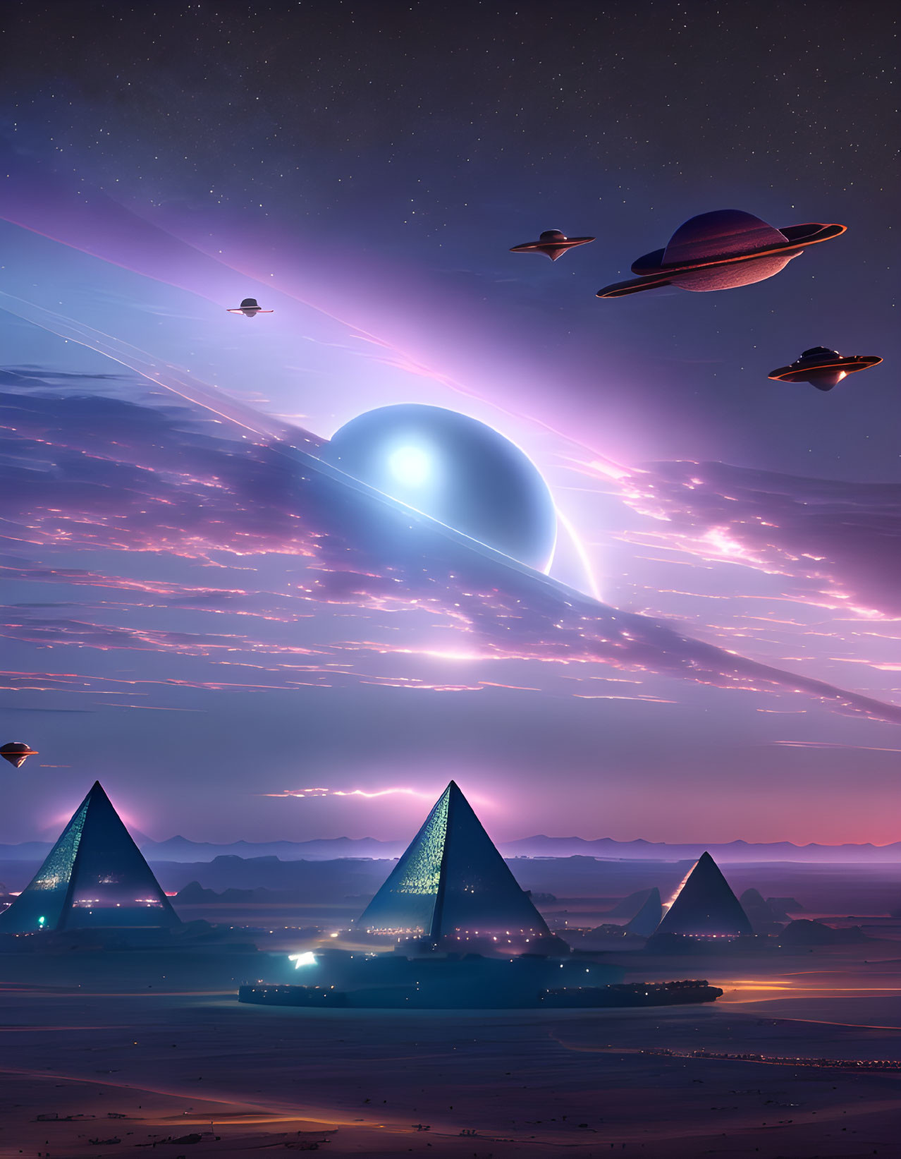 Sci-fi landscape with glowing pyramids, planets, nebula, and flying saucers