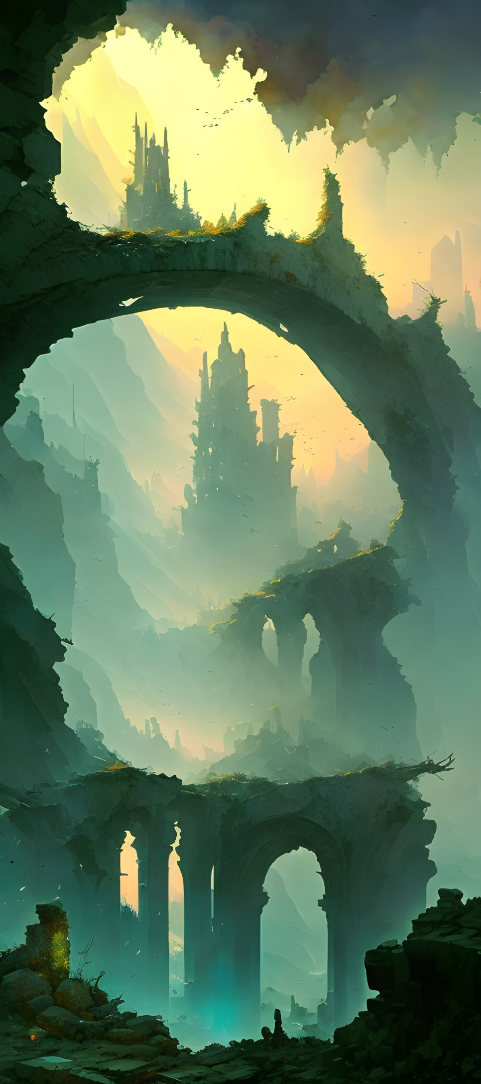 Fantasy landscape with towering spires and stone arch ruins