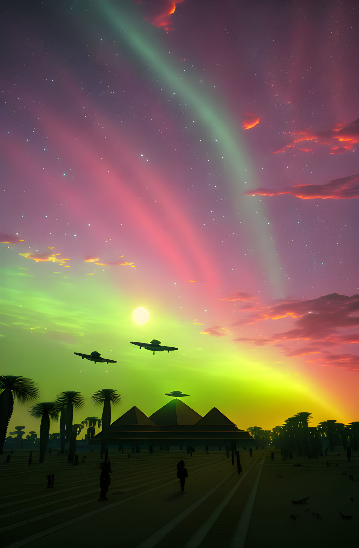 Colorful Aurora Sky Over Pyramids with Silhouetted Figures and Birds at Sunset