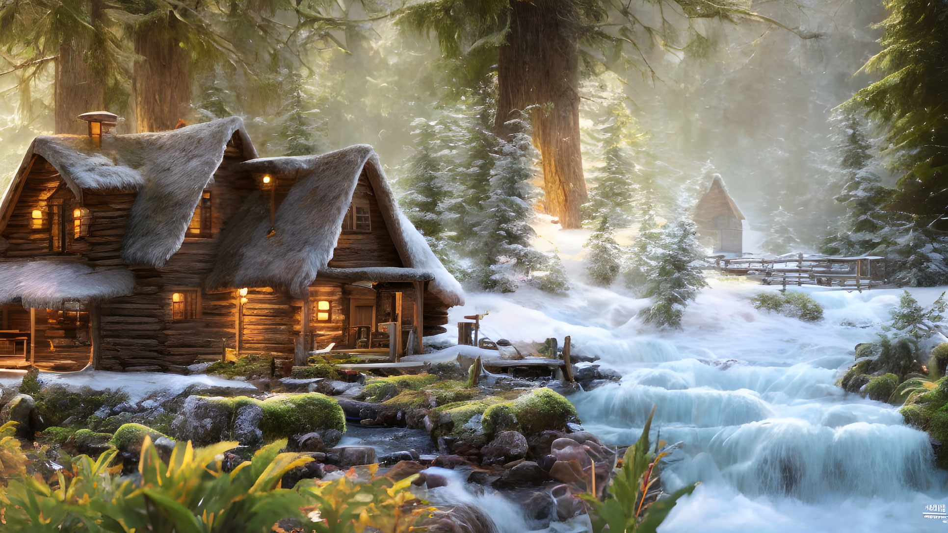 Rustic log cabin by cascading stream in snow-dusted forest