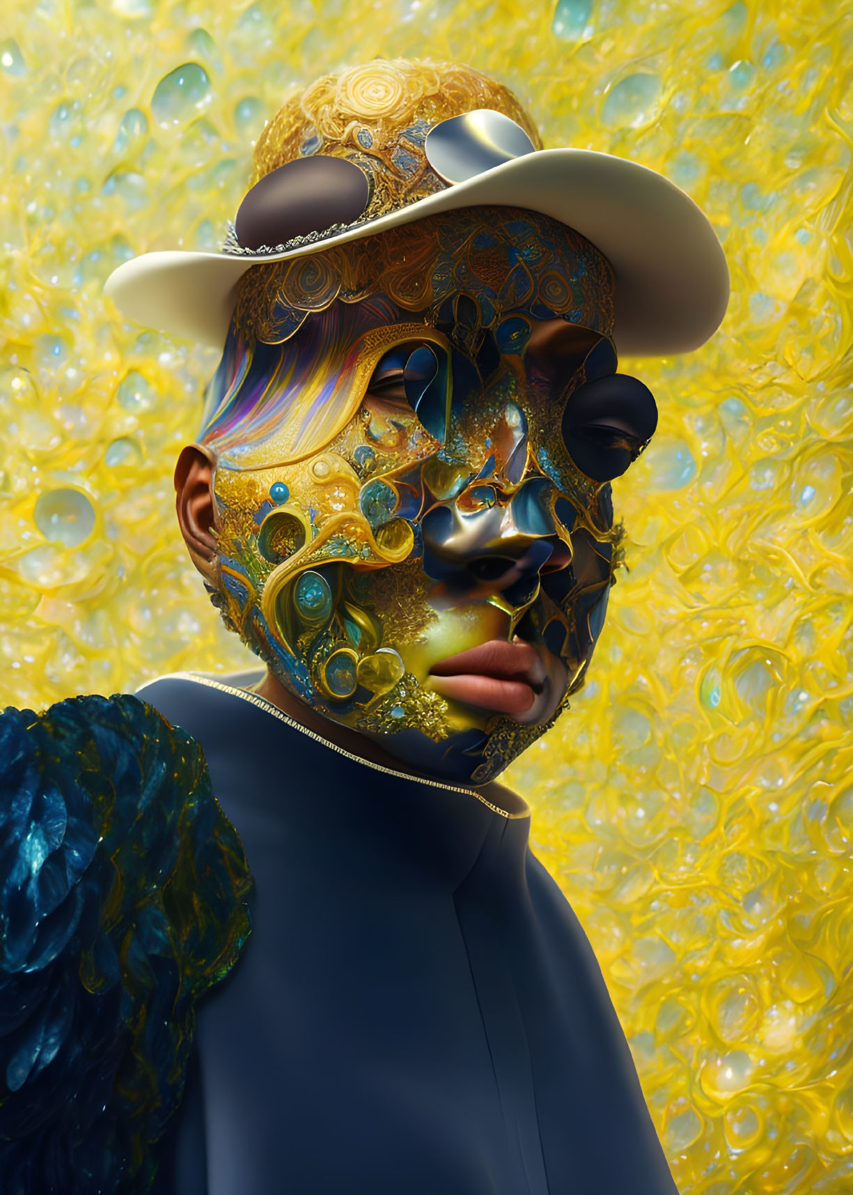 Figure with ornate golden mask in surreal portrait on vibrant yellow bubble background