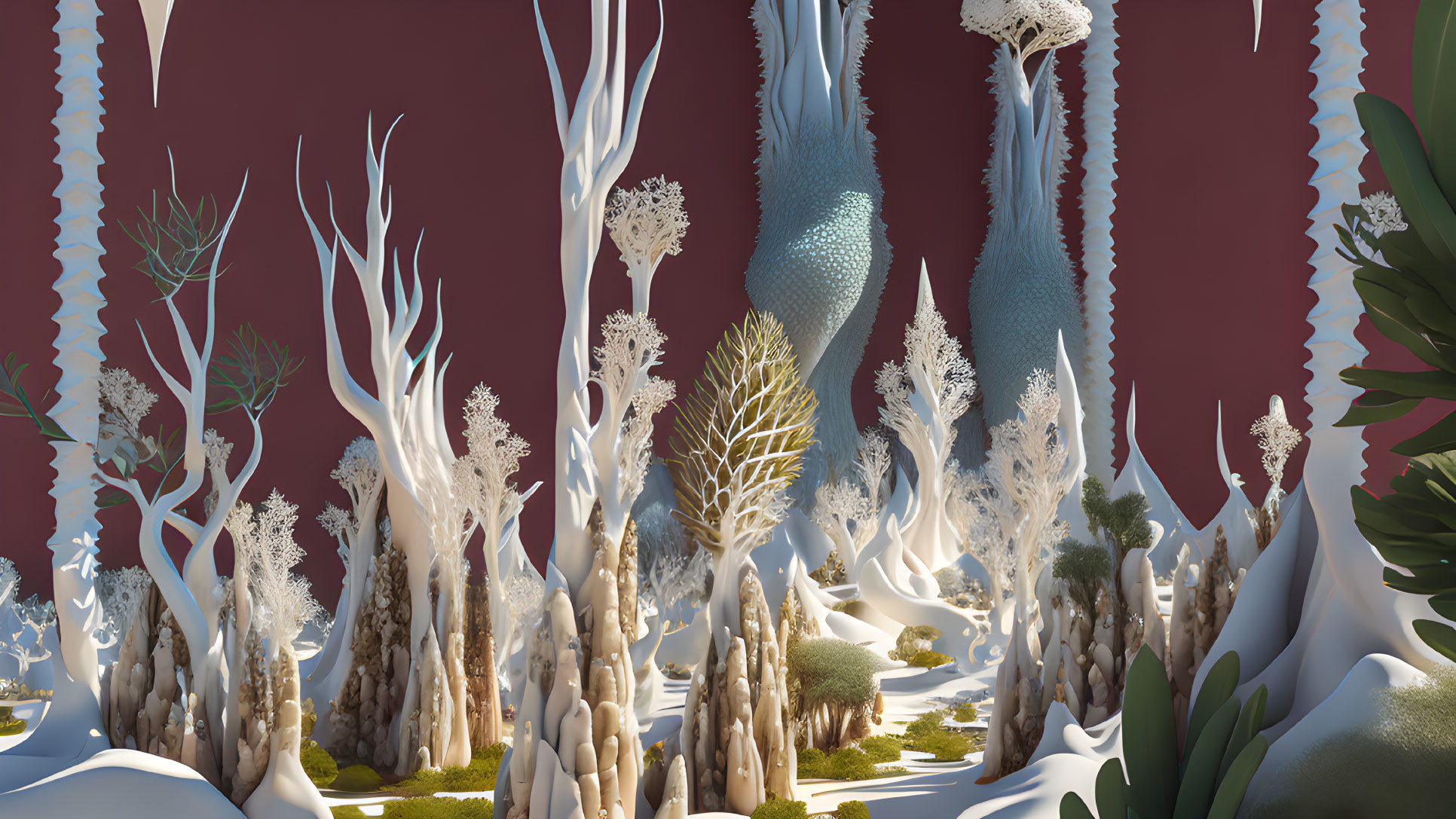 Whimsical forest with surreal trees on maroon backdrop