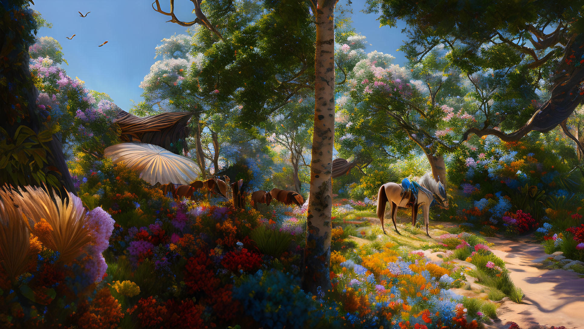 Colorful forest glade with flowers, grazing horses, flying birds, and whimsical treehouses.