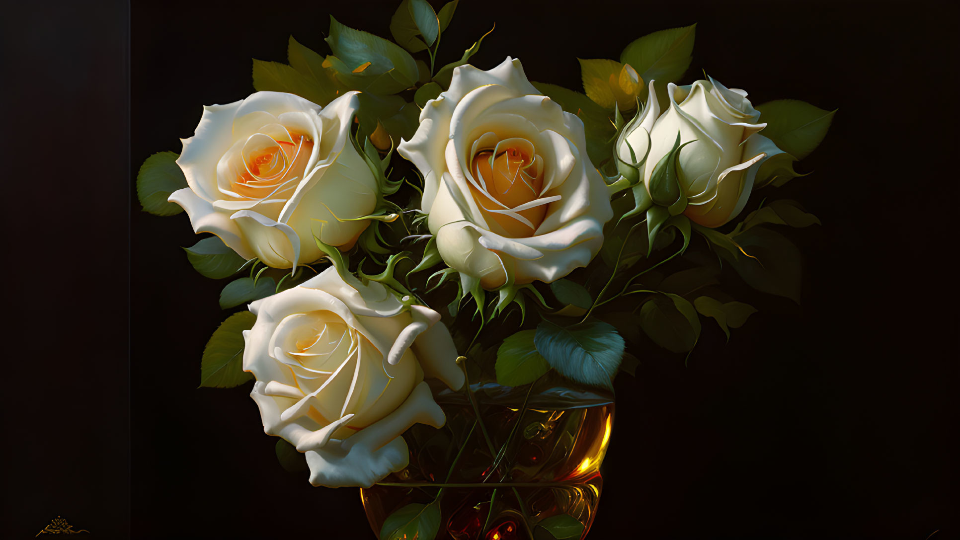 White roses bouquet in clear glass vase on dark background