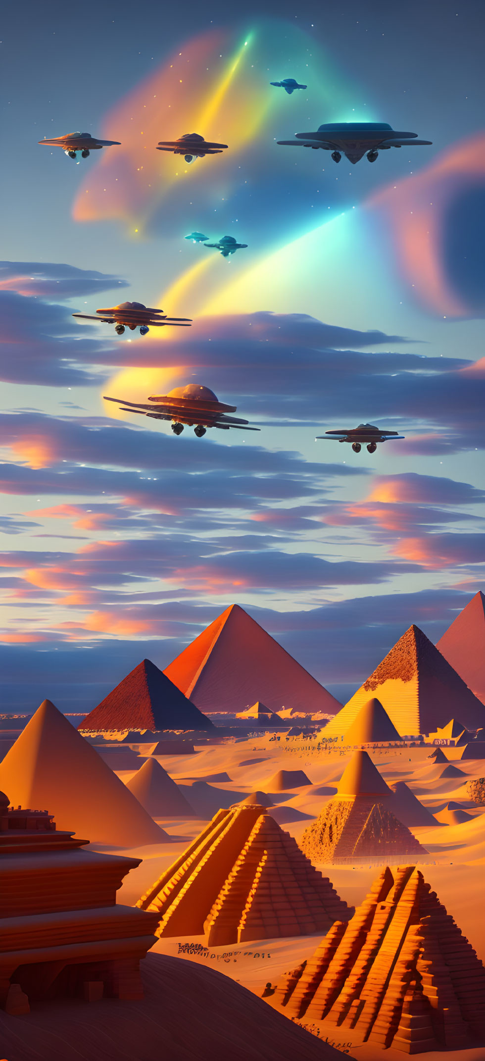 Futuristic aircraft over Egyptian pyramids with aurora borealis