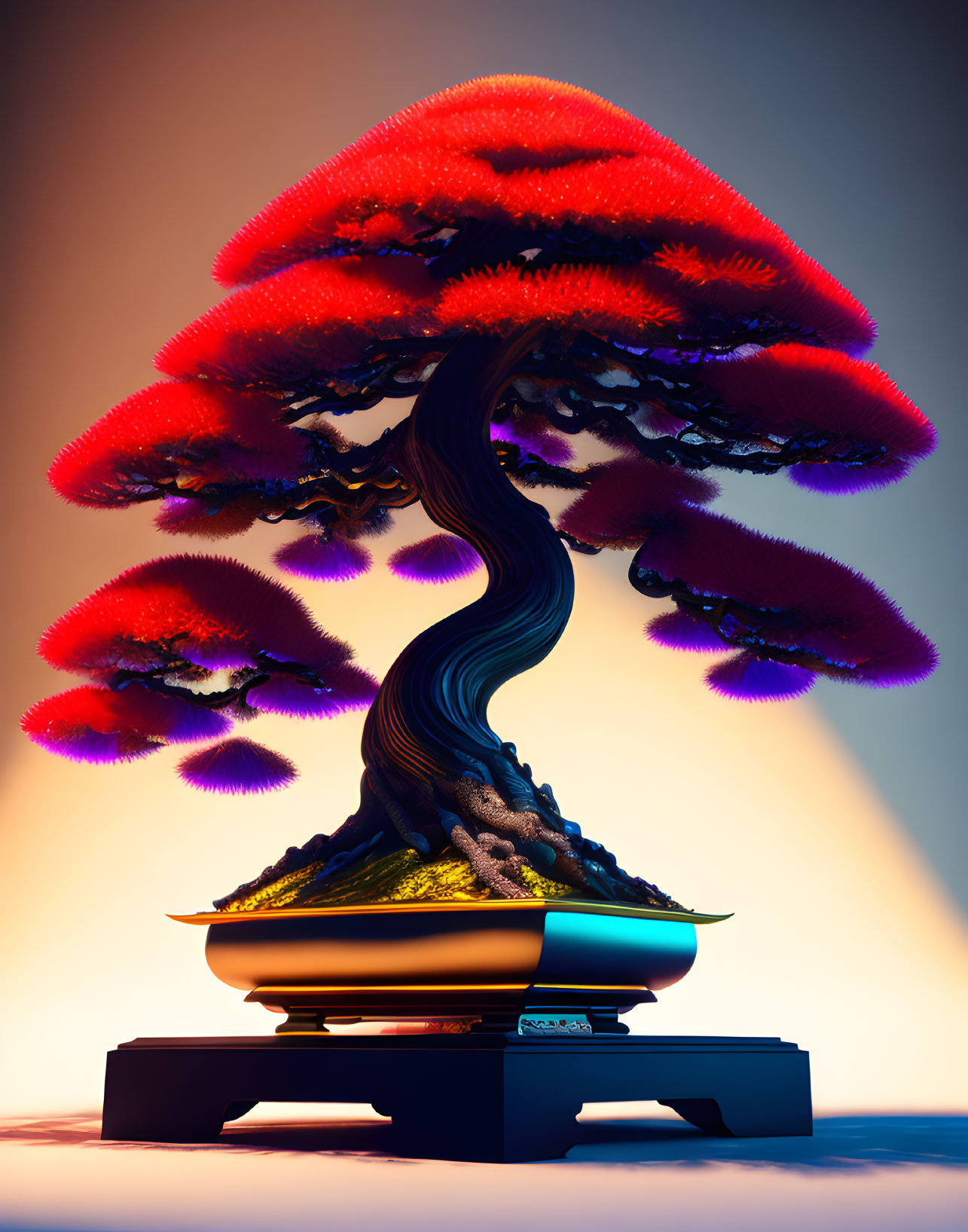 Stylized bonsai tree with red foliage on modern base and gradient background