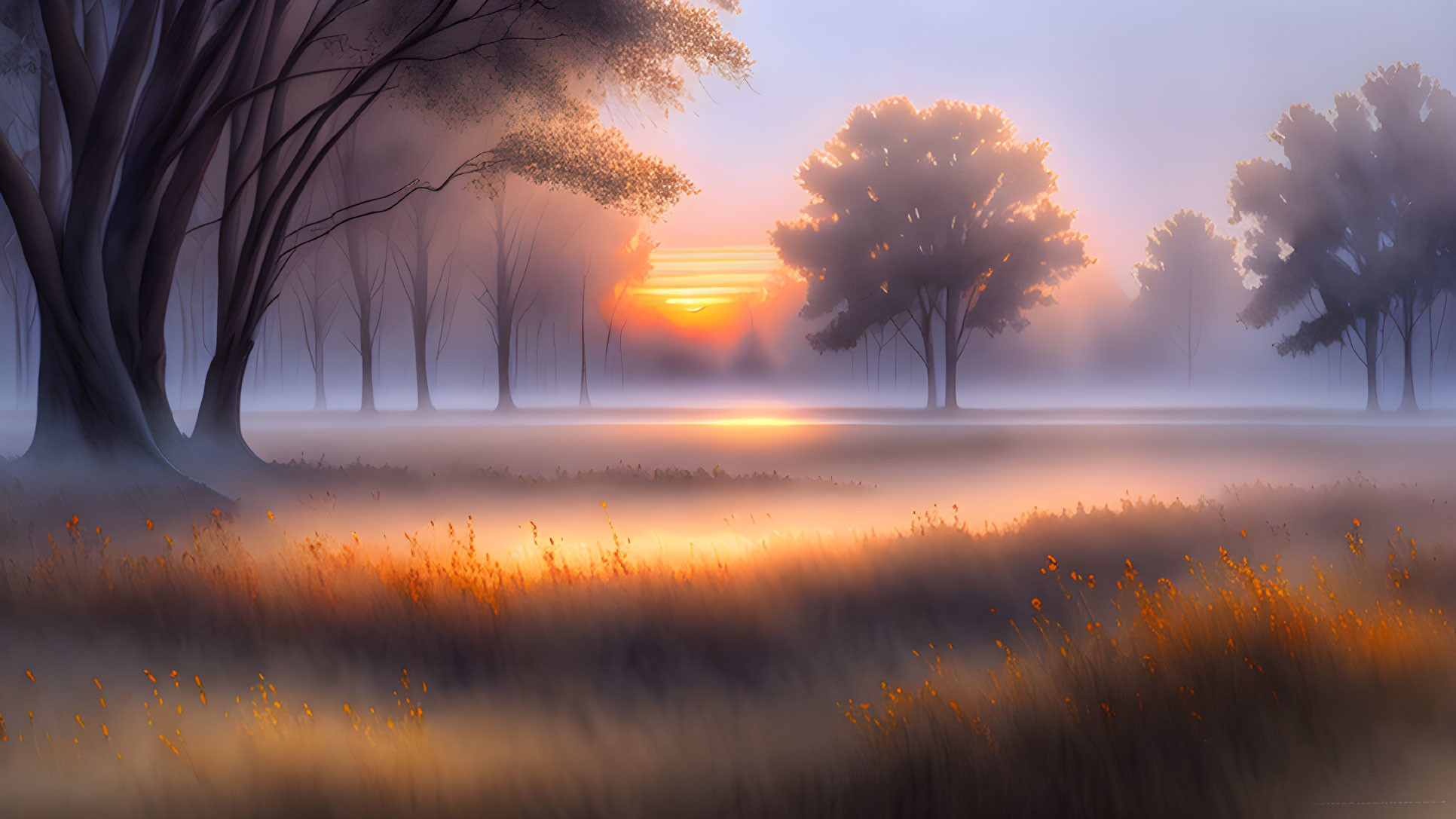 Serene misty sunrise over golden meadow with silhouetted trees