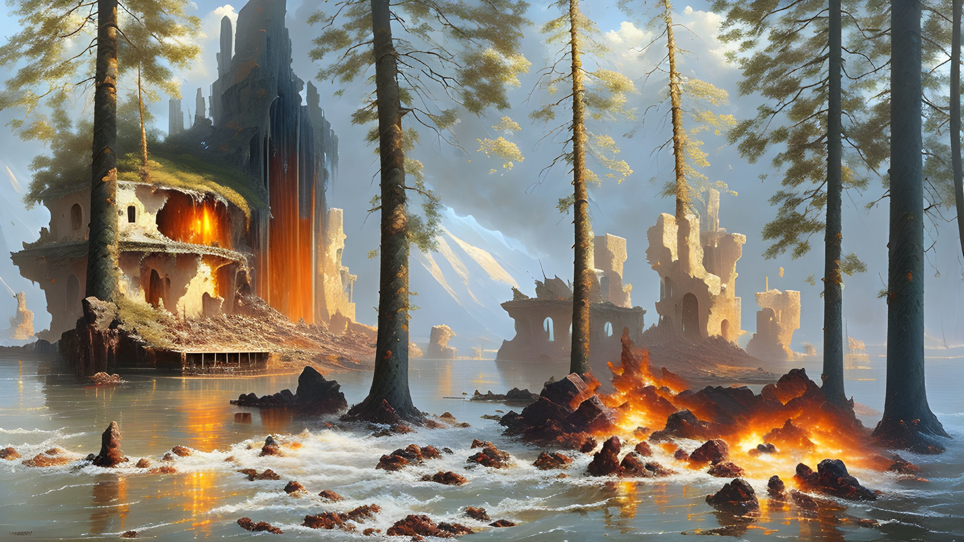 Fantasy landscape with castle, tree house, volcanic activity, and misty forest.