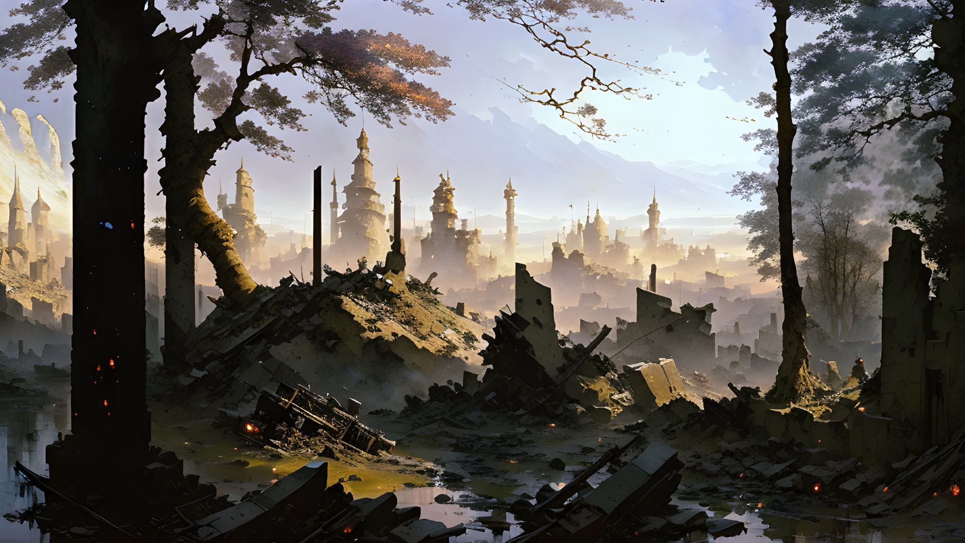 Ancient City with Towering Spires in Sunlit Forest