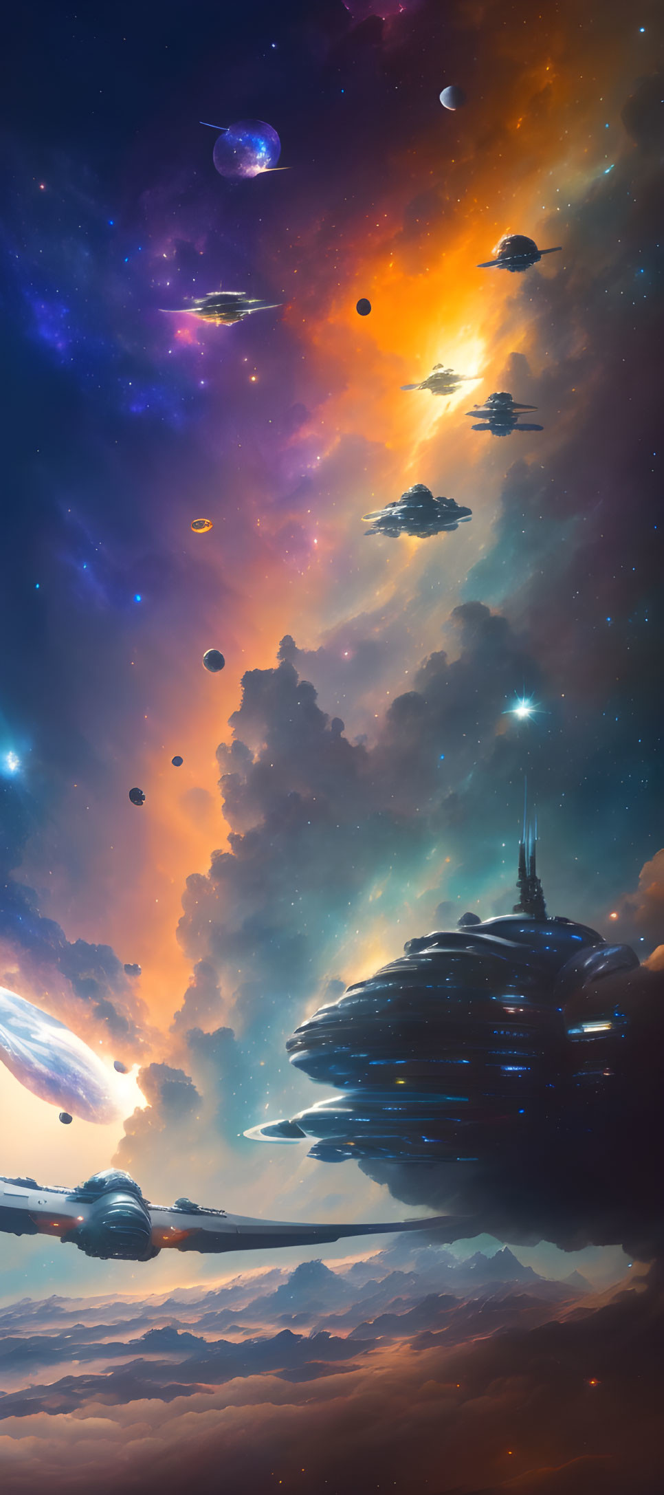 Colorful space scene with spaceships over mountains