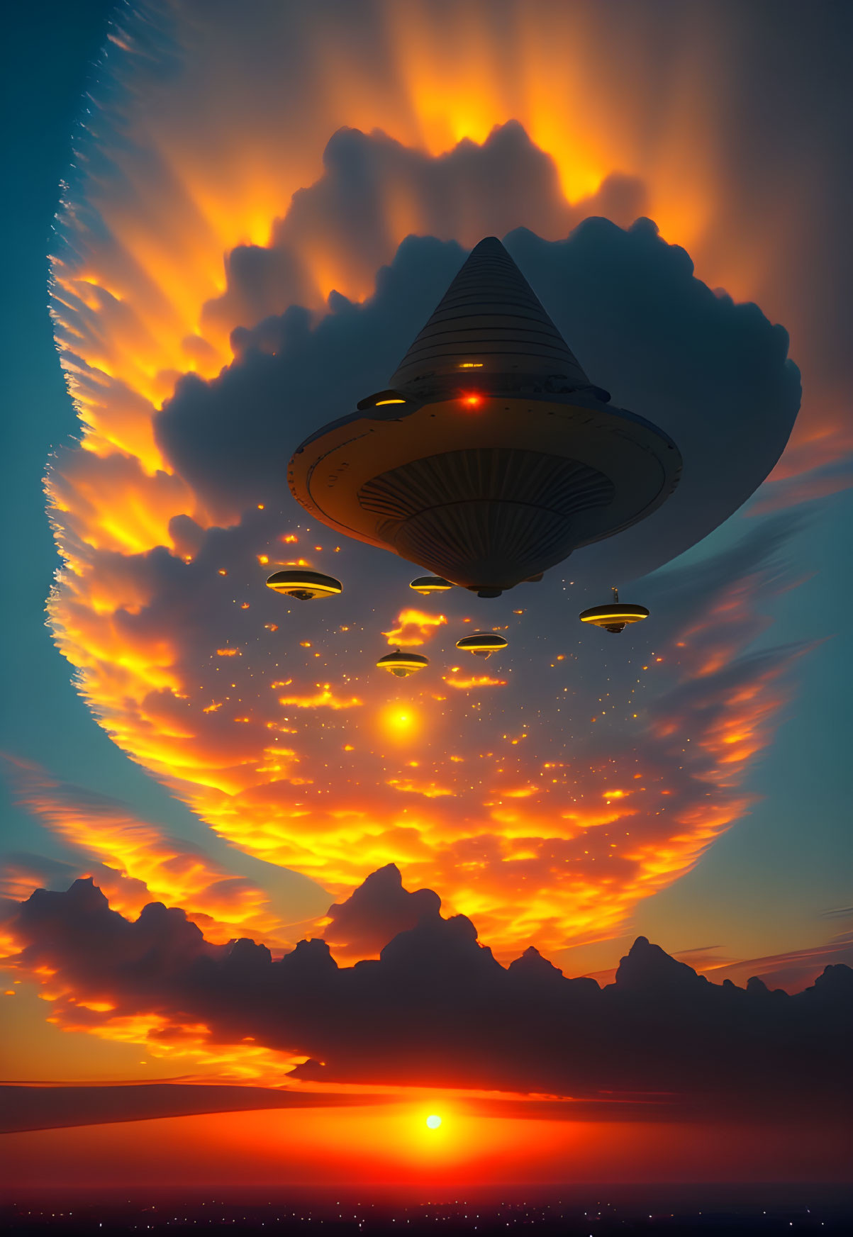 Large UFO in fiery sunset sky deploying smaller crafts.