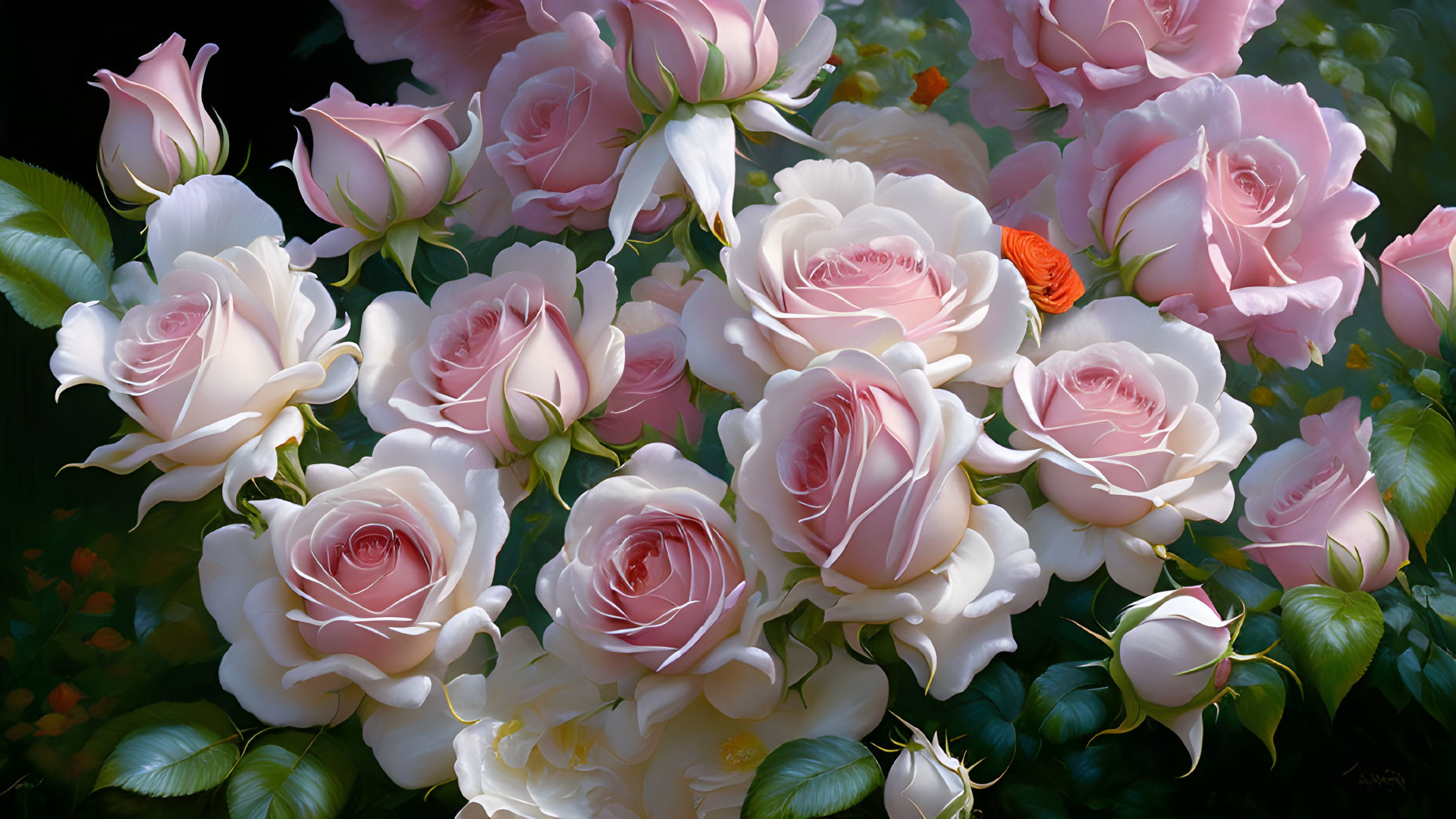 Pink and Orange Rose Blossoms with Green Foliage