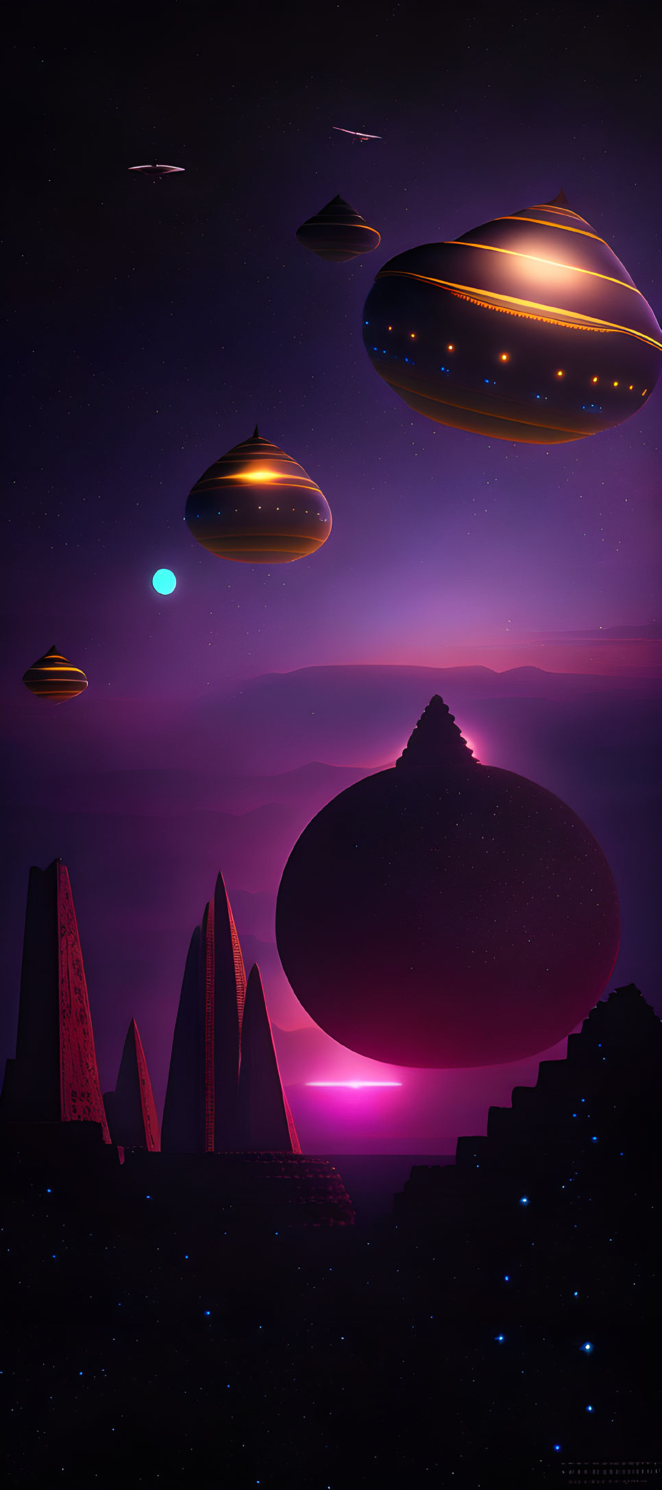 Futuristic sci-fi landscape with glowing pyramids and spaceships