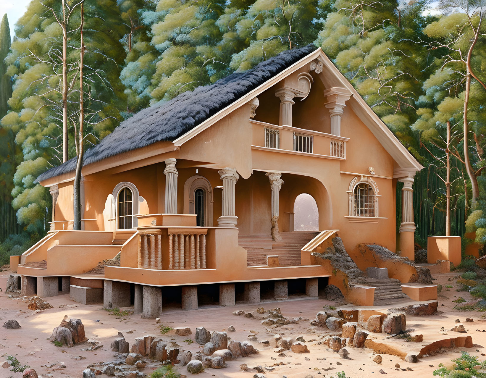 Traditional Terracotta House with Thatched Roof in Forest Setting