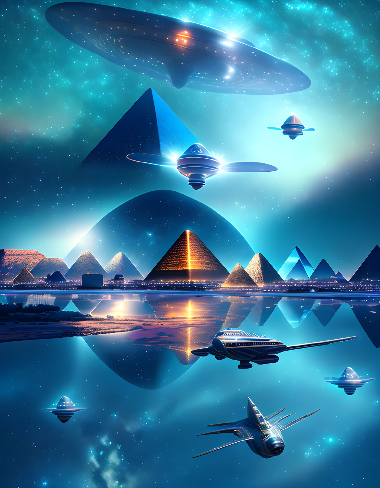 Futuristic spaceships over illuminated pyramids and starry sky