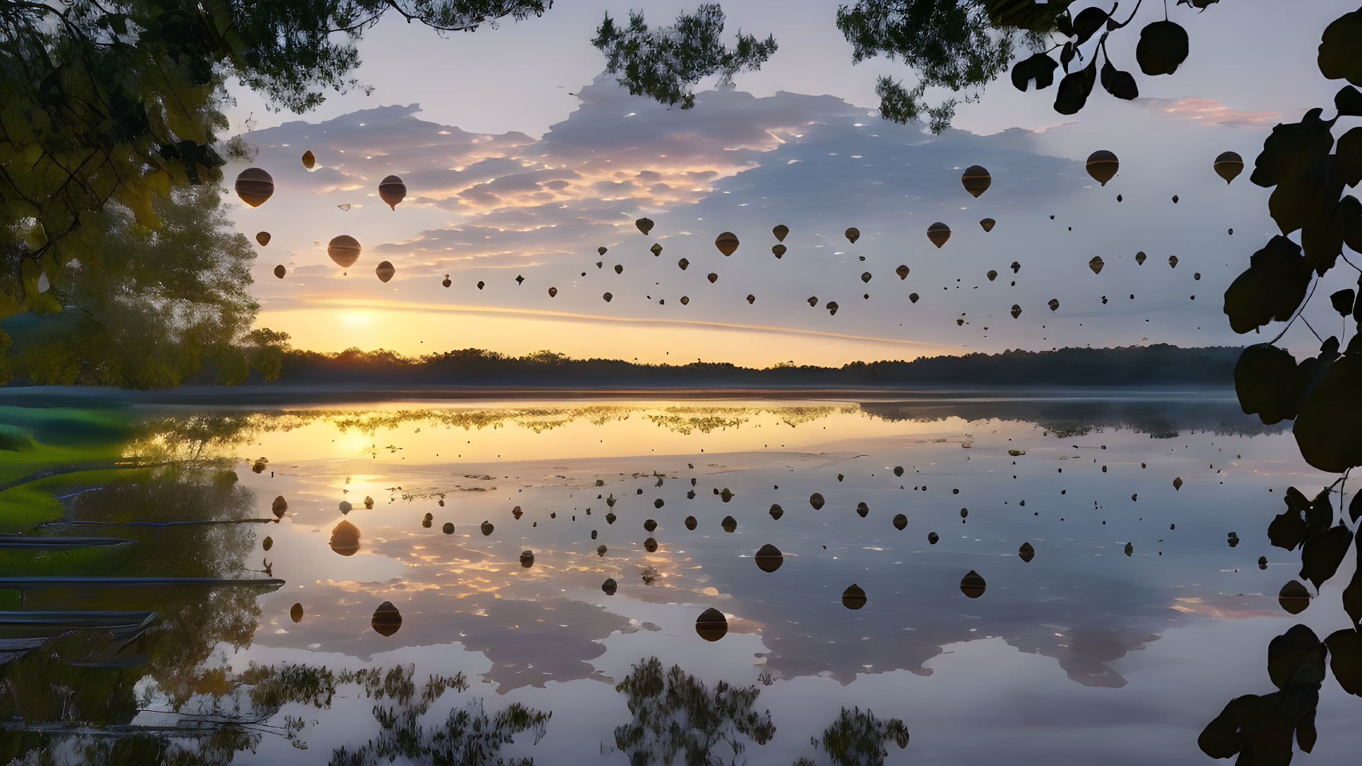 Tranquil lake sunrise with hot air balloon reflections