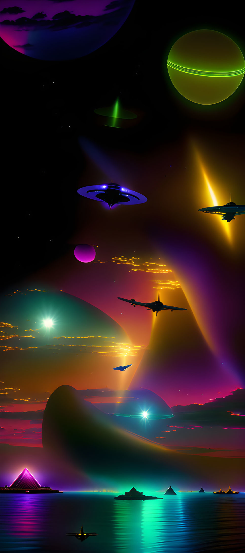 Colorful Sci-Fi Landscape: Spacecraft, Planets, Auroras, Ocean Islands, Pyramids