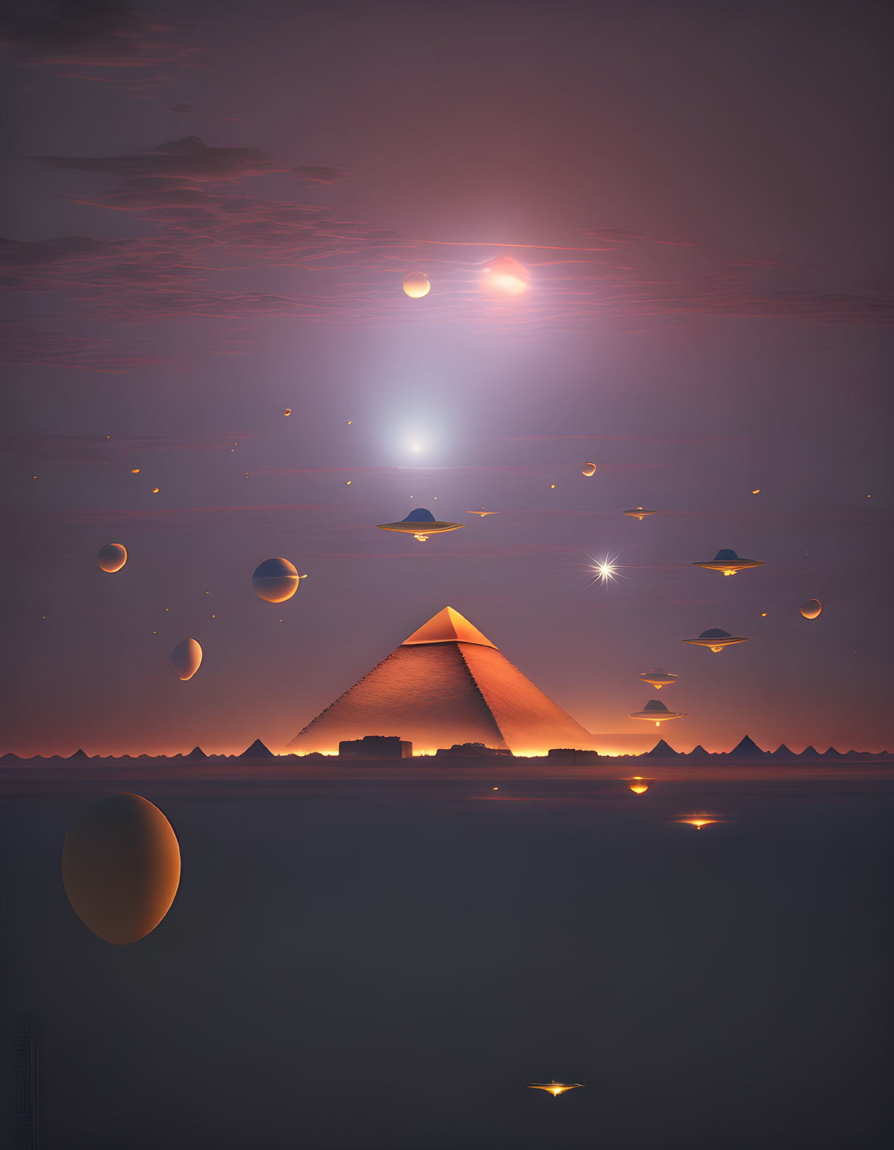 Mystical pyramids under multiple moons in a surreal dusk sky