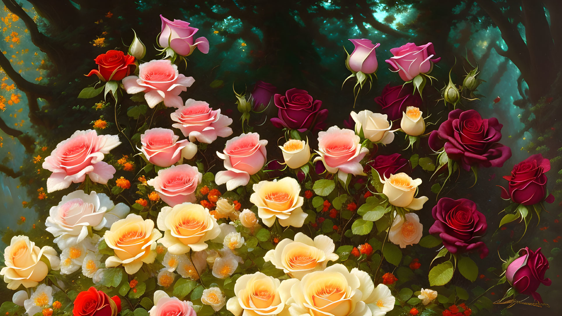 Assortment of Pink, Red, and Yellow Roses in Lush Forest Setting