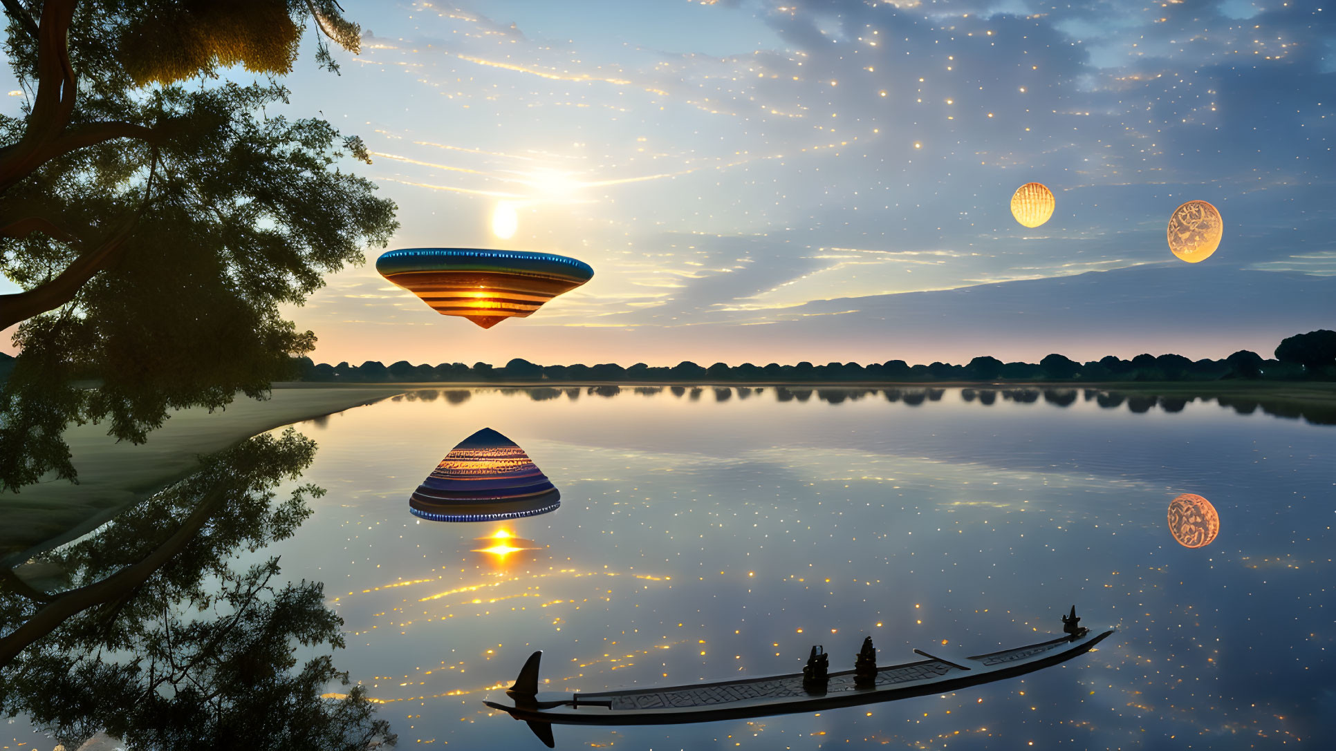 Sunset reflections on lake with celestial bodies, canoe, people, and flying saucer.