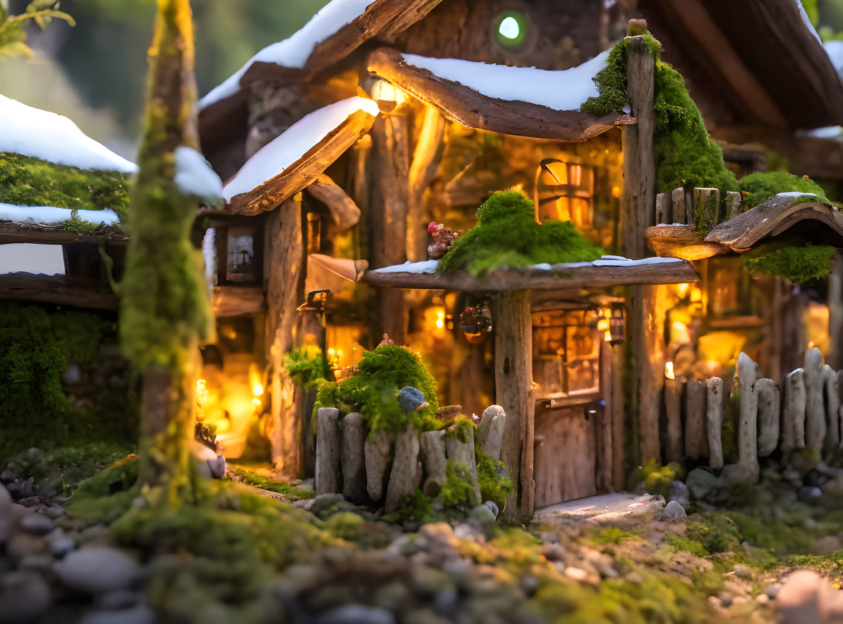 Enchanting miniature cabin with snow-covered roof and warm glowing lights