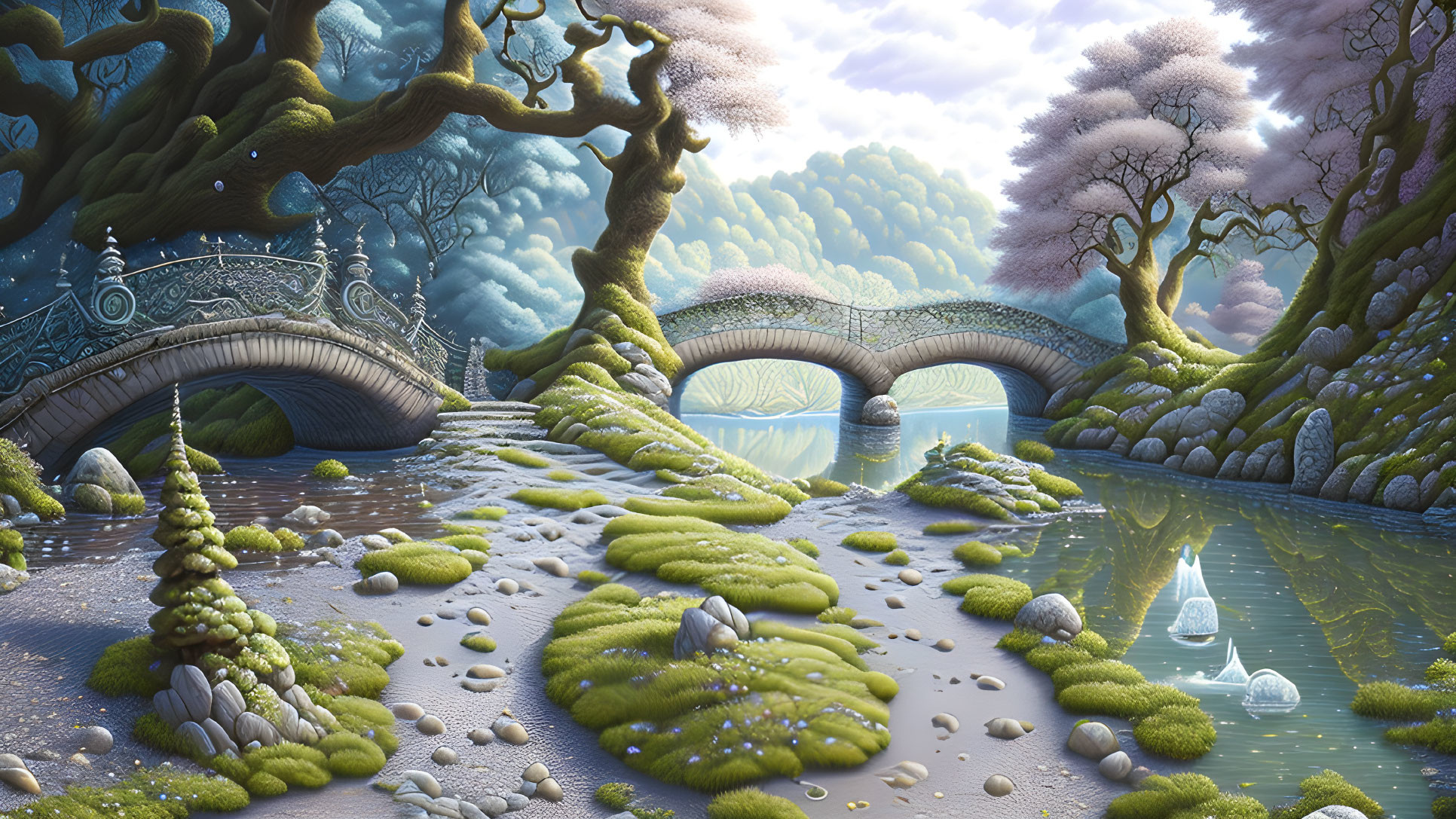 Tranquil fantasy landscape with ornate bridges and lush greenery