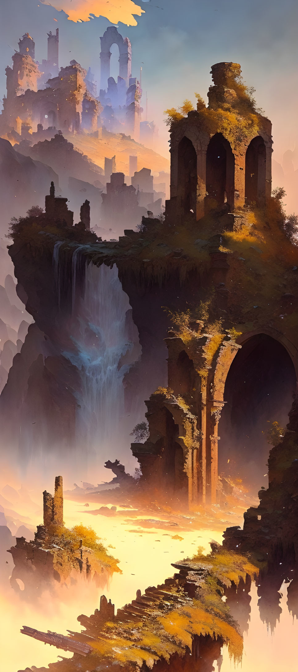 Fantastical sunset landscape with ancient ruins, waterfalls, and floating city above misty cliffs