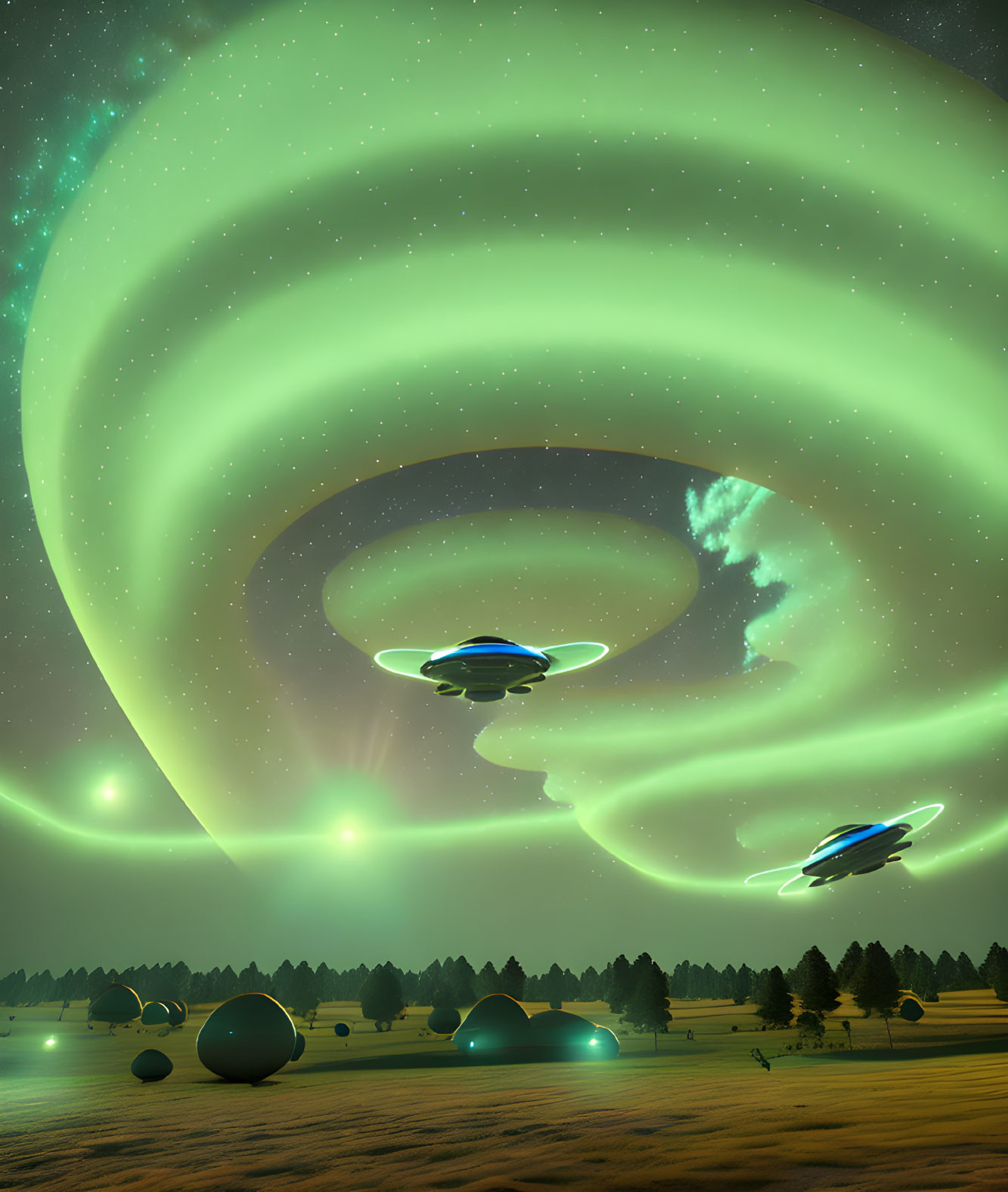 Surreal night scene: aurora borealis, UFOs, glowing orbs in forest