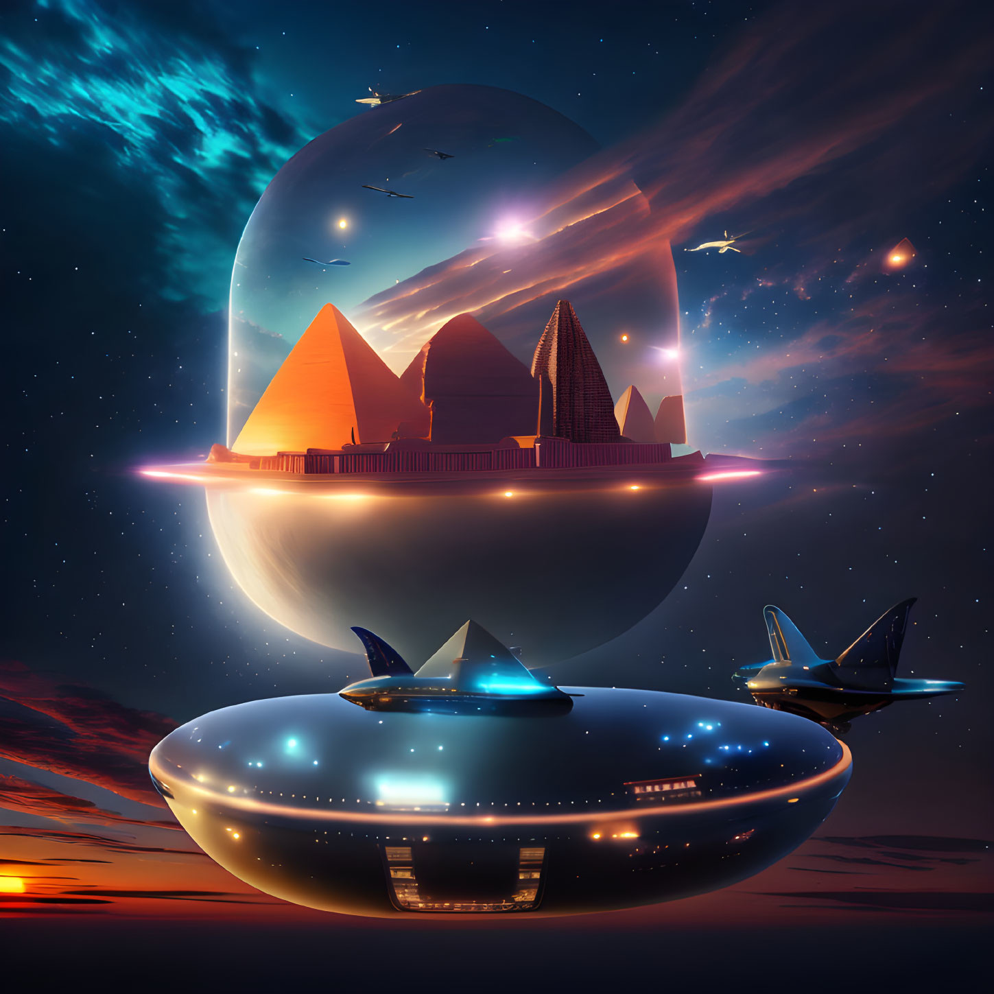 Futuristic landscape featuring Egyptian pyramids in a floating sphere with spaceships under a starry sky