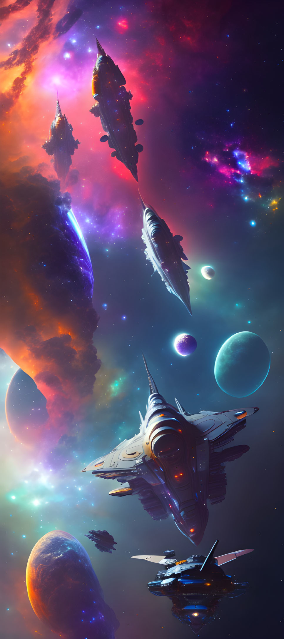 Colorful cosmic scene with spaceships, nebulae, stars, and planets