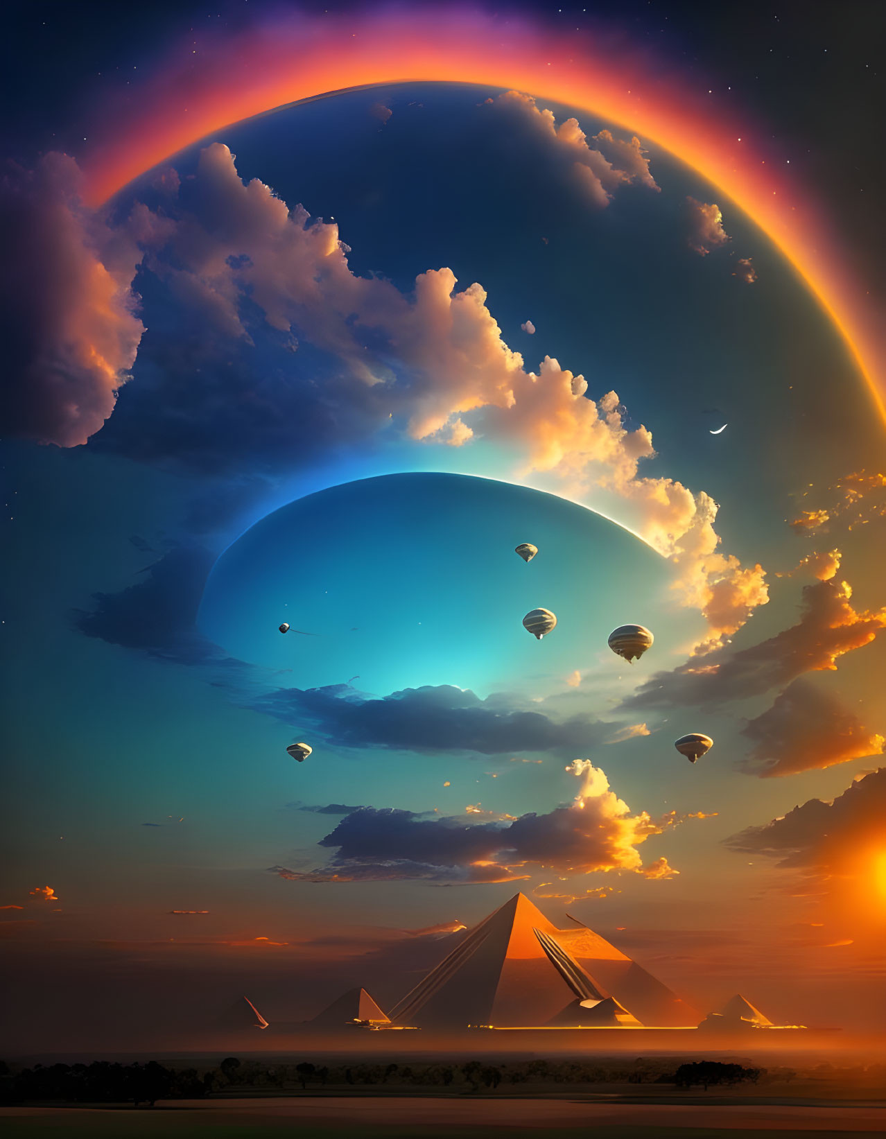 Surreal landscape with hot air balloons, pyramids, rainbow, oversized moon, and sunset cres