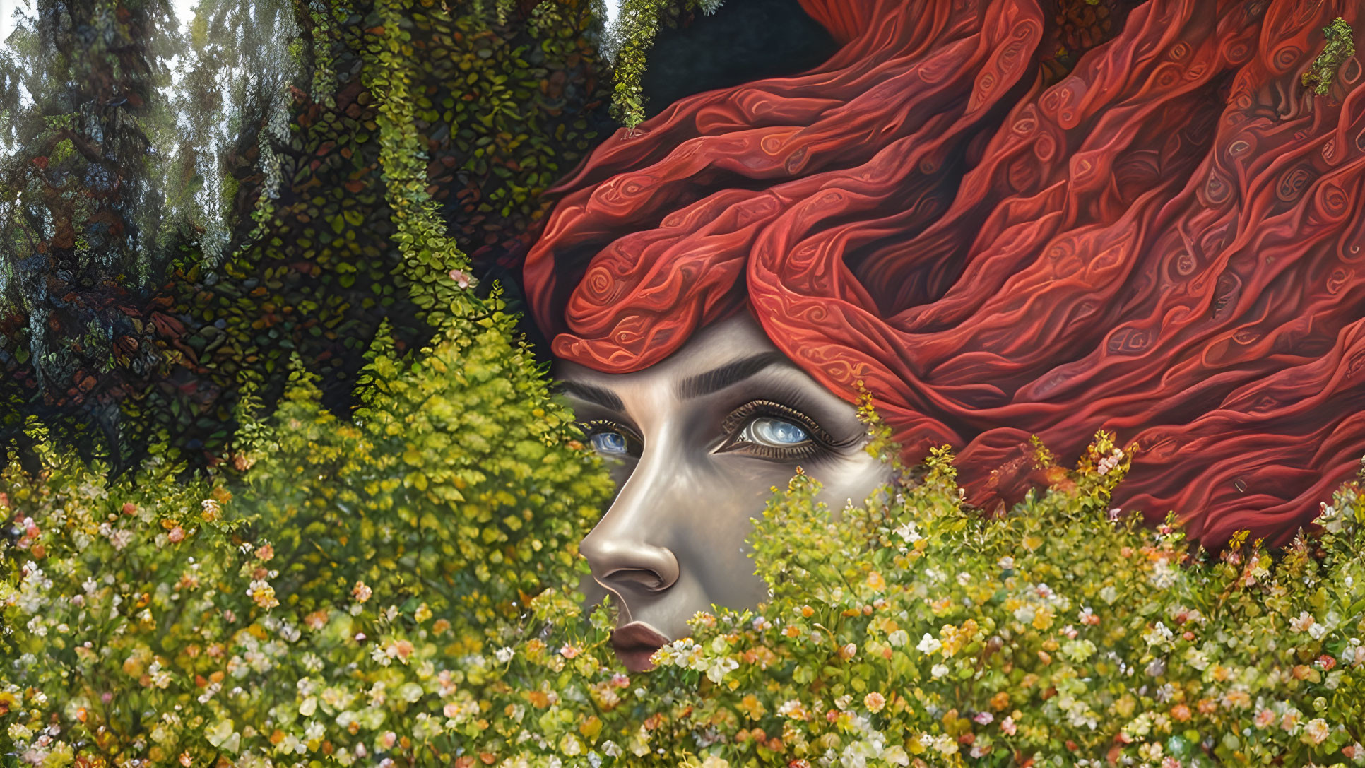 Surreal illustration: Woman's face merges with nature in vibrant red hair flow