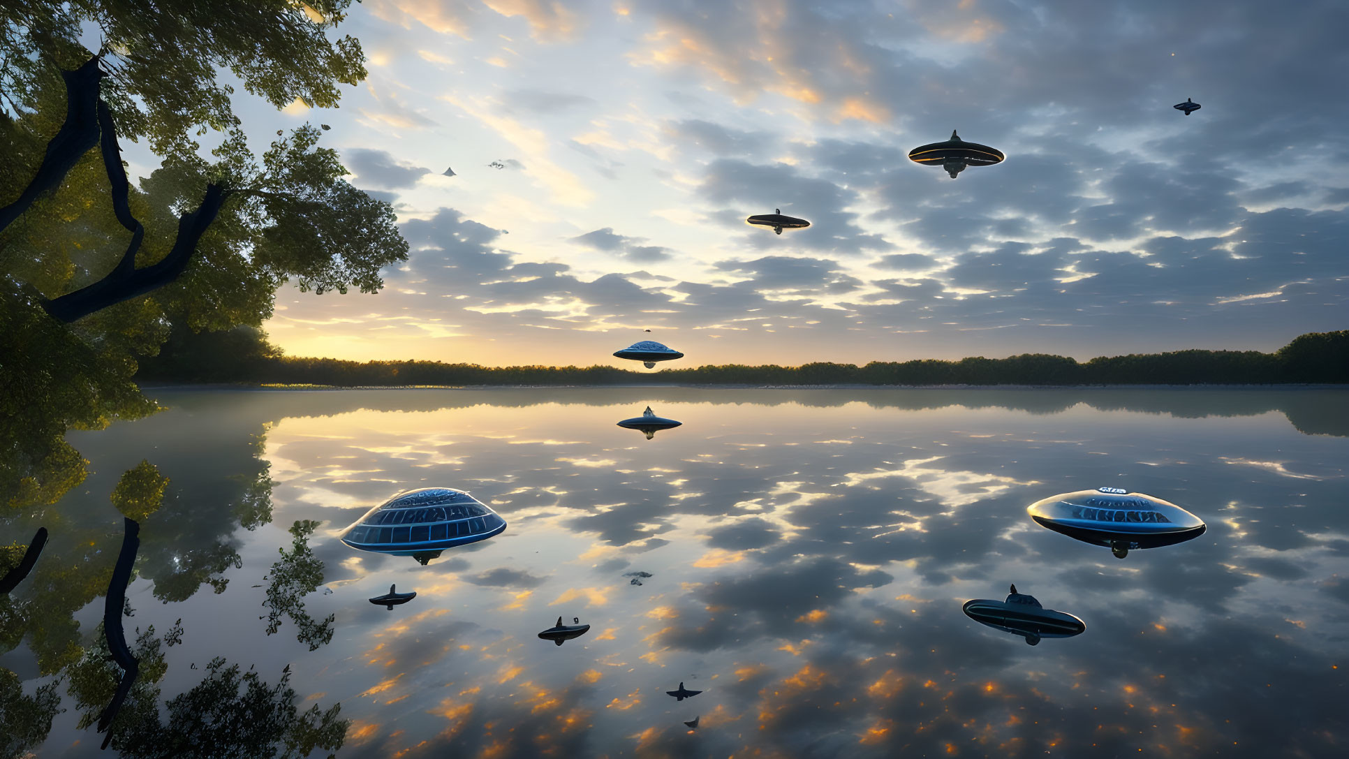 Serene lake scene with flying saucer shapes in sky and water