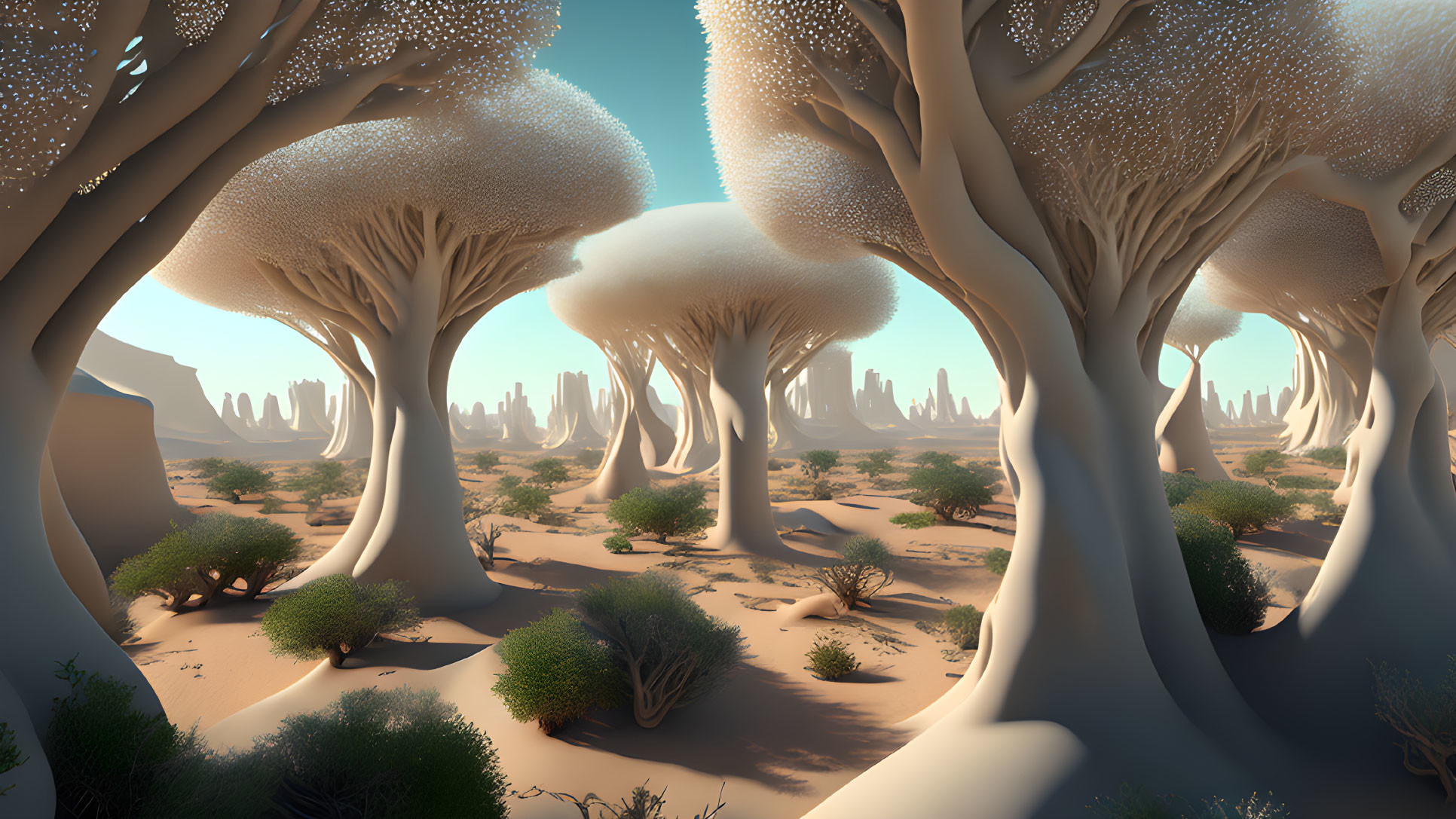 Fantastical desert landscape with oversized mushroom-shaped trees and distant rock formations