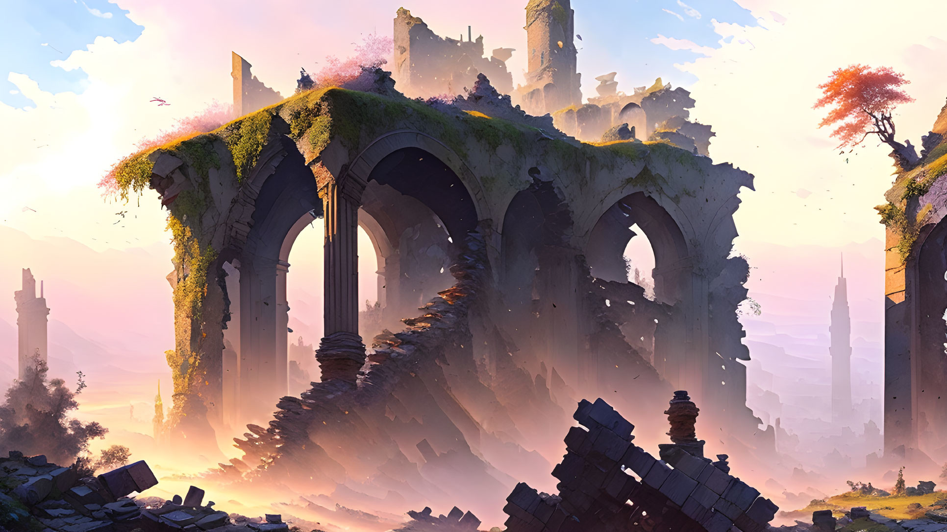 Ancient structure ruins with towering arches and debris in warm sunlight