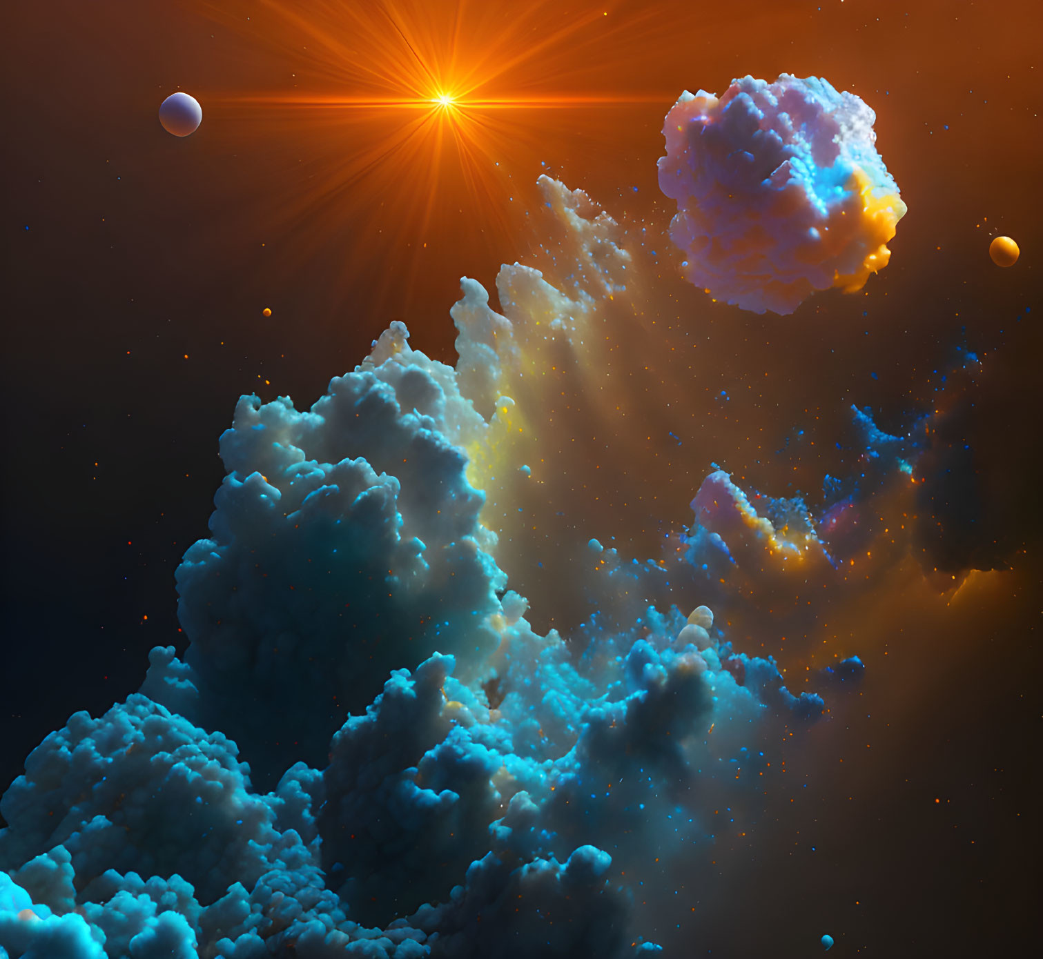 Vibrant space scene with clouds, stars, and planets illuminated by central sun