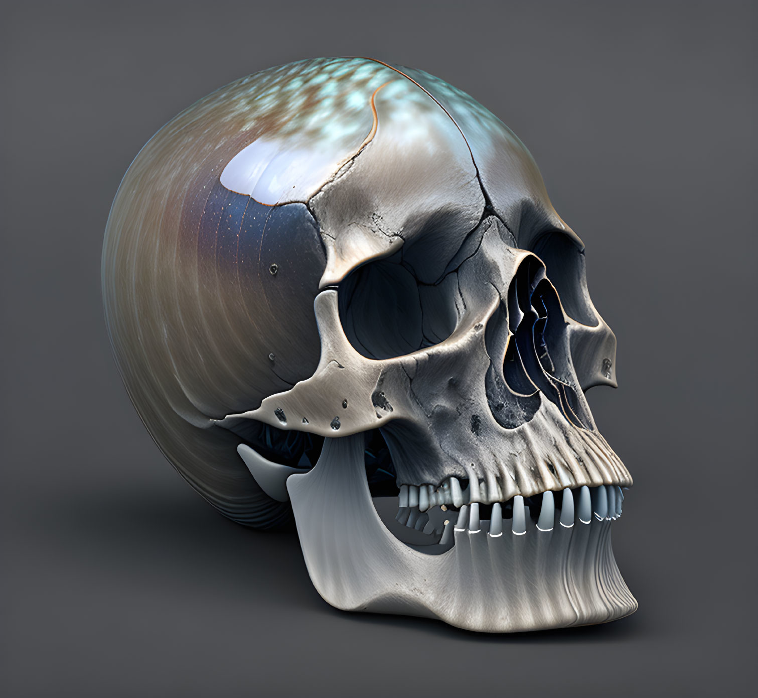 Surreal 3D illustration of human skull merging with cosmic sphere