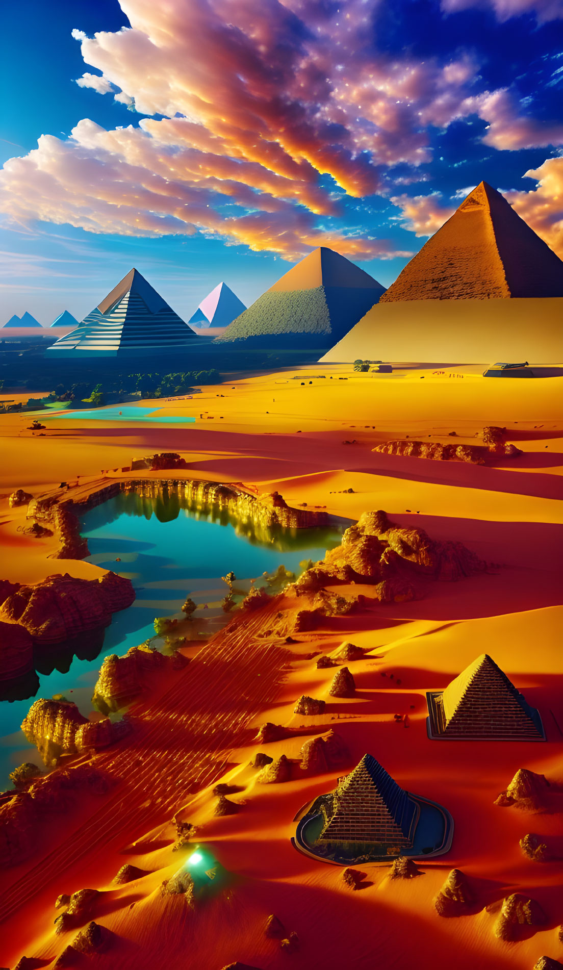 Multiple Egyptian pyramids in desert with water under sunset sky