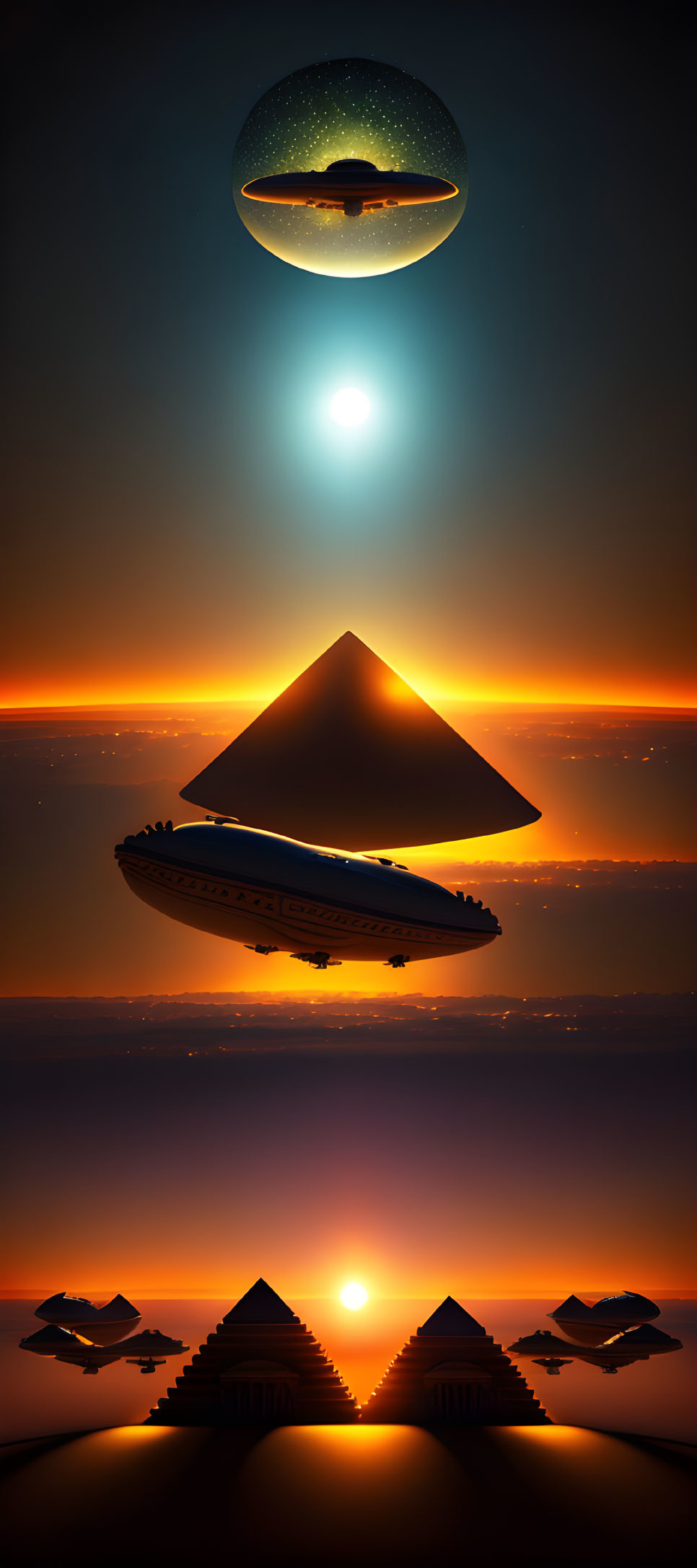 Multiple triangular UFOs hovering over desert landscape at sunset