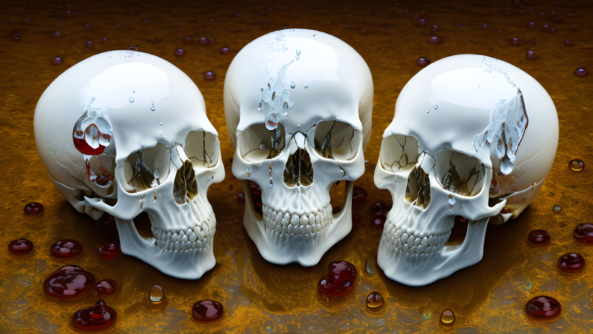 Row of three glossy white human skulls on wet amber surface with red beads.