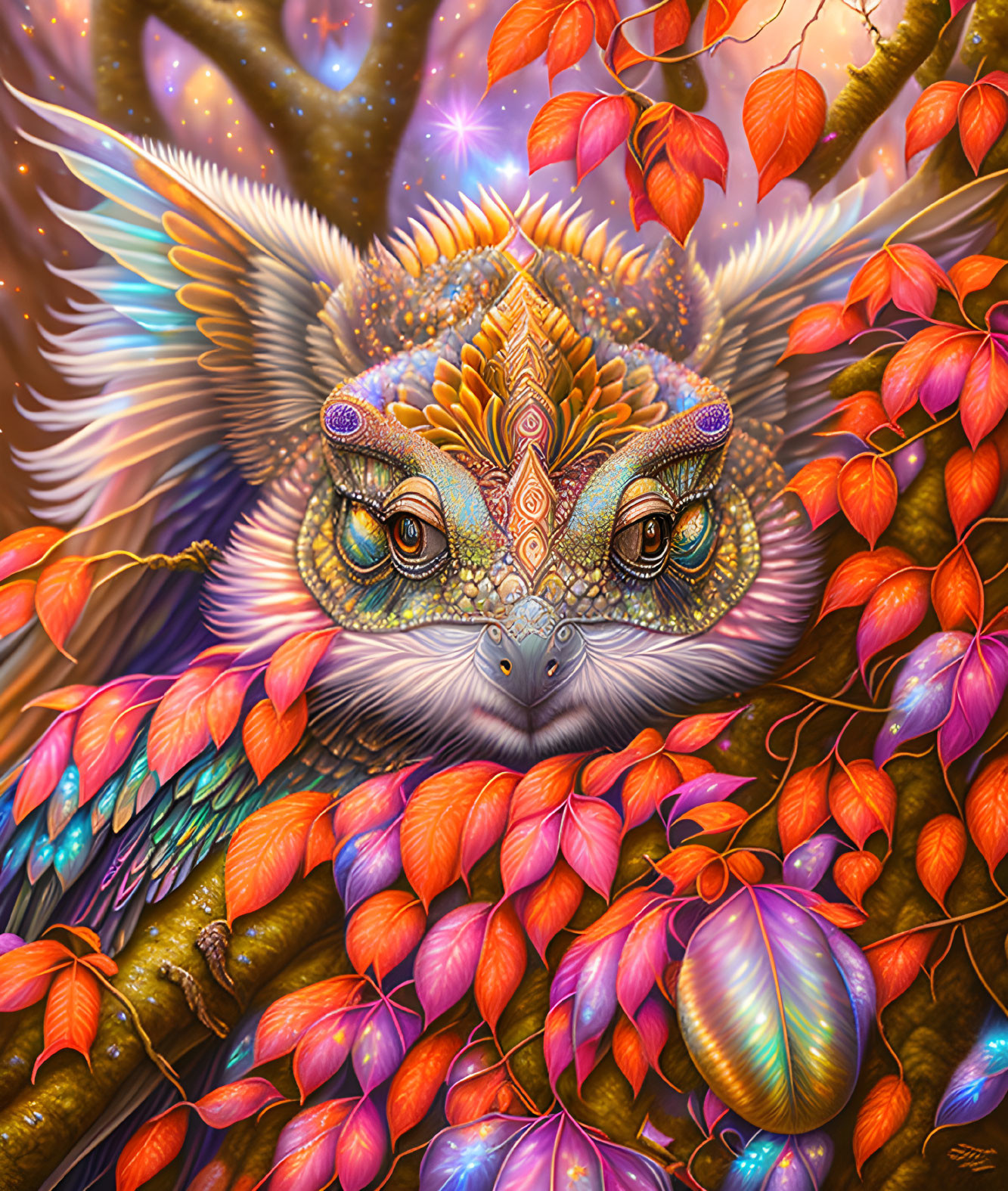 Colorful mystical owl surrounded by autumn leaves and ethereal lights