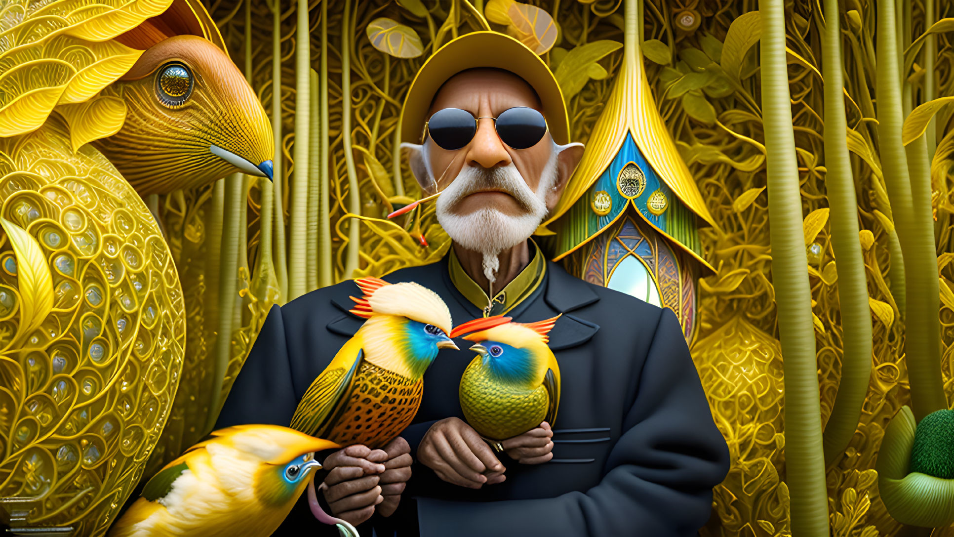 Elderly man with birds in ornate bird-themed setting