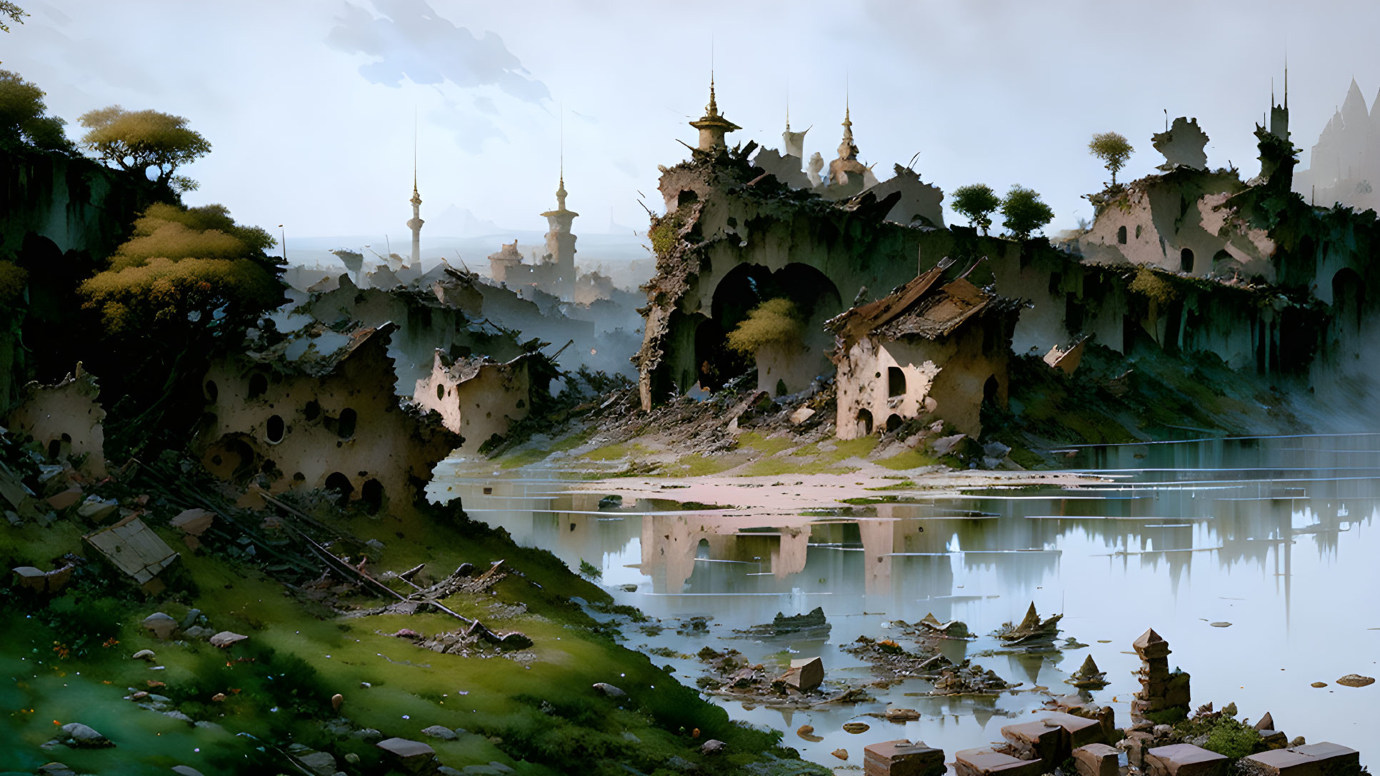 Desolate fantasy landscape with ruins, water, foliage, and ethereal light