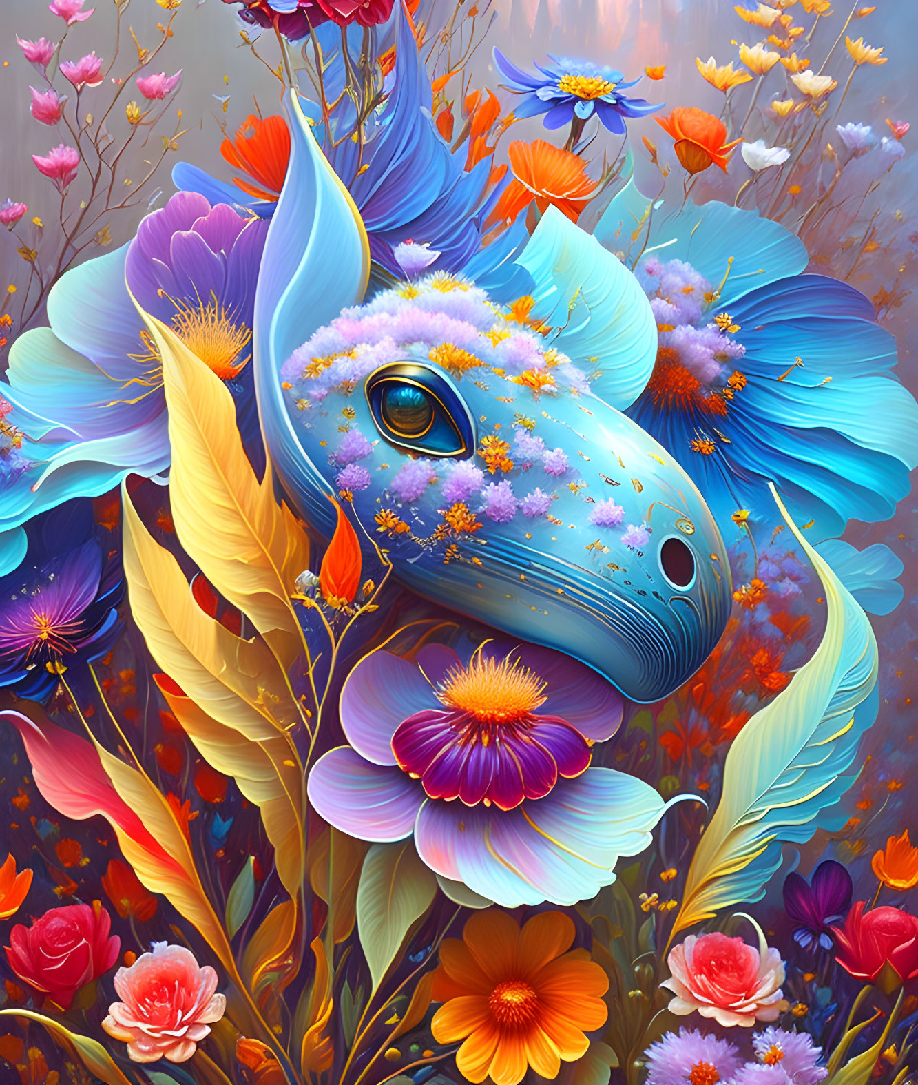 Surreal horse illustration with floral pattern on vibrant backdrop