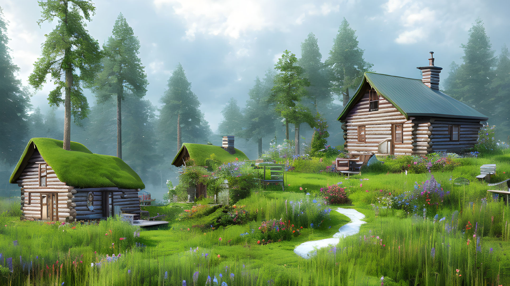 Tranquil landscape with log cabins, green roofs, forests, wildflowers, and stream