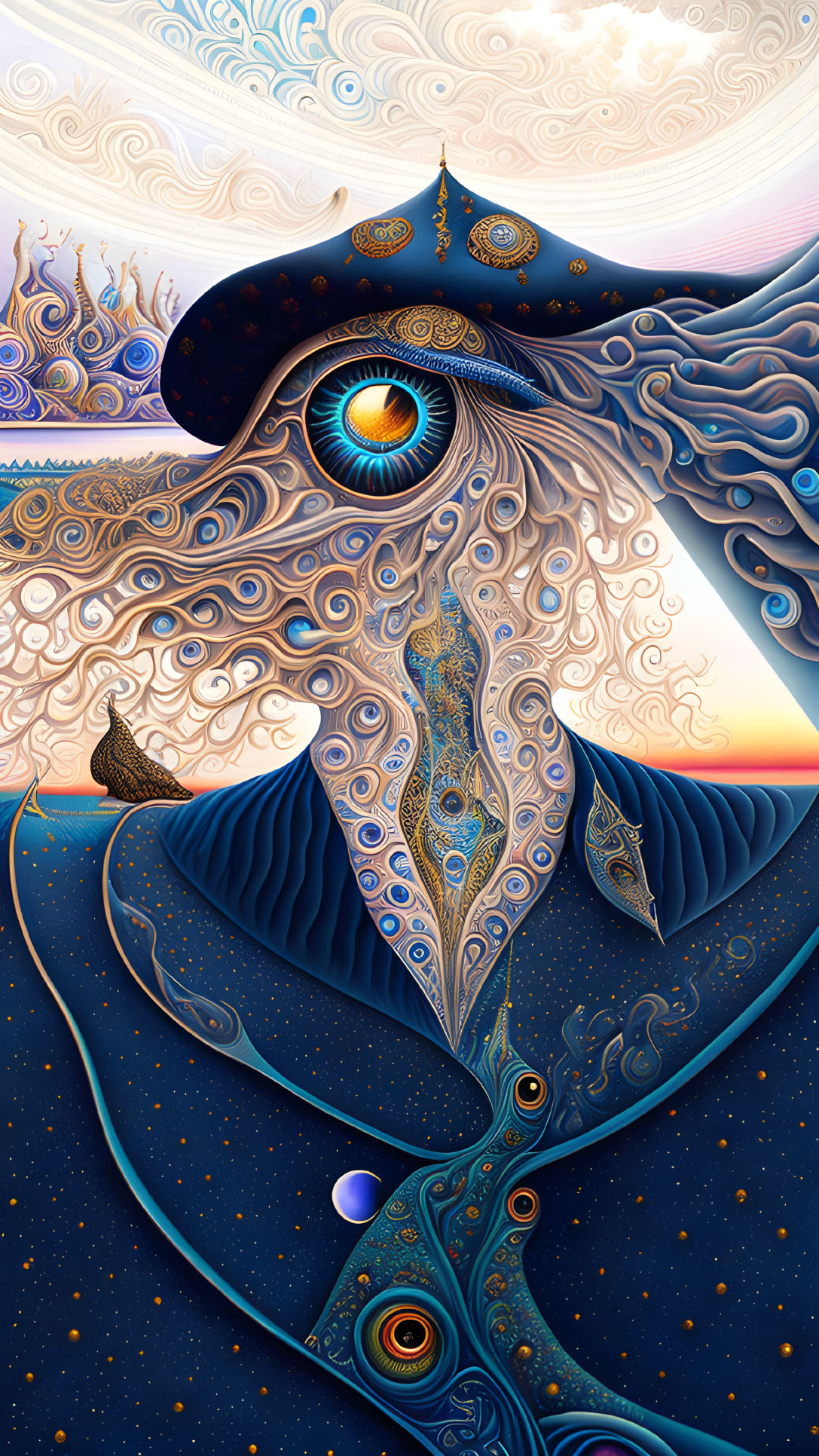 Intricate psychedelic whale art with cosmic elements and eye symbol.